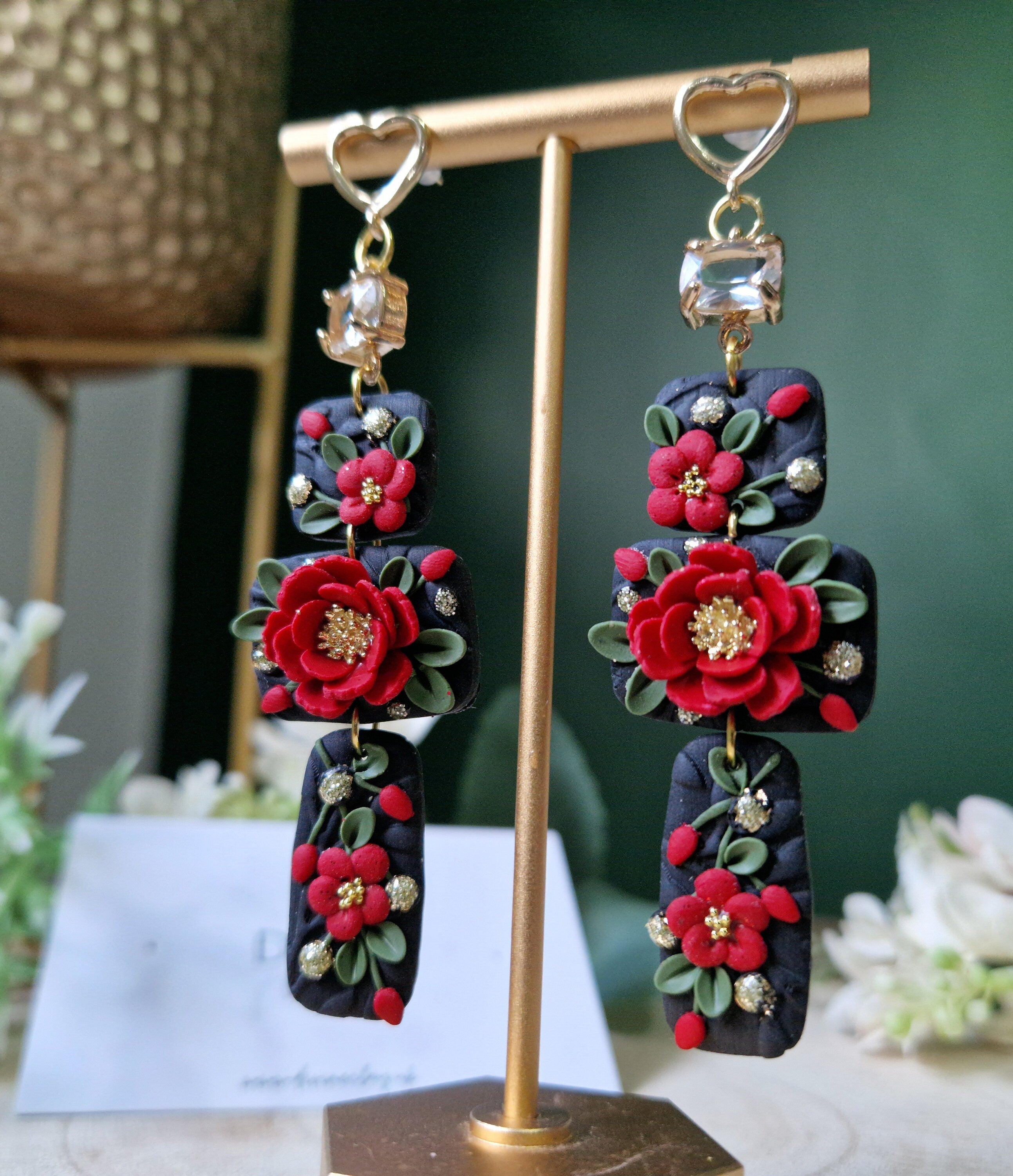 black & red floral  earrings, celestial jewellery, gifts for her