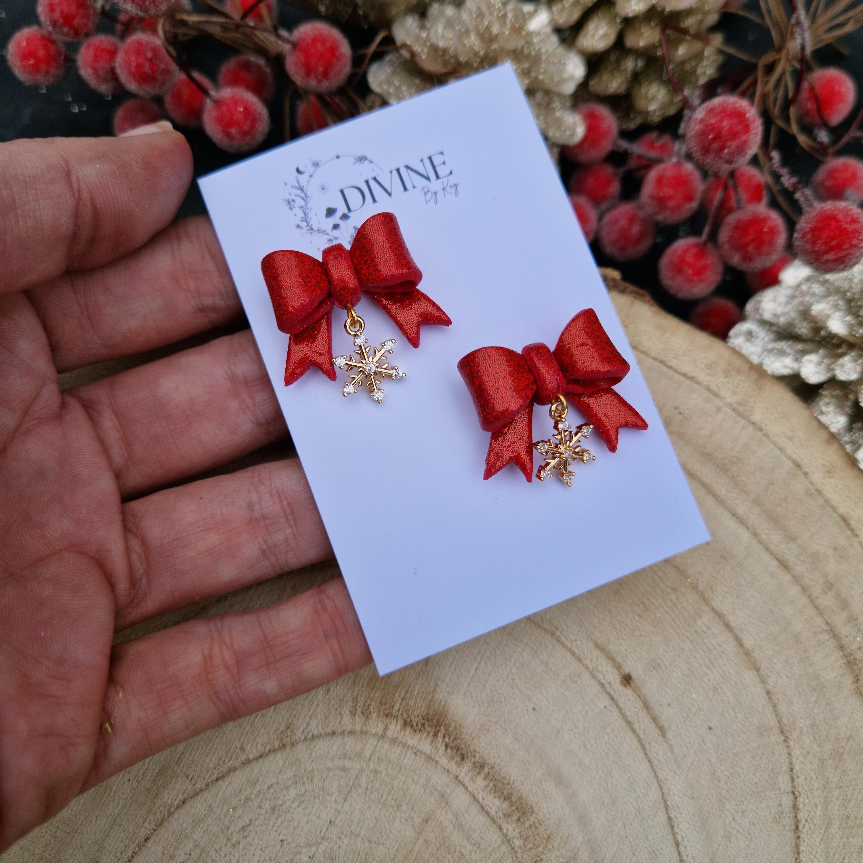 Christmas bow earrings, minimalist earrings, festive earrings, secret santa gift, dainty dangle studs