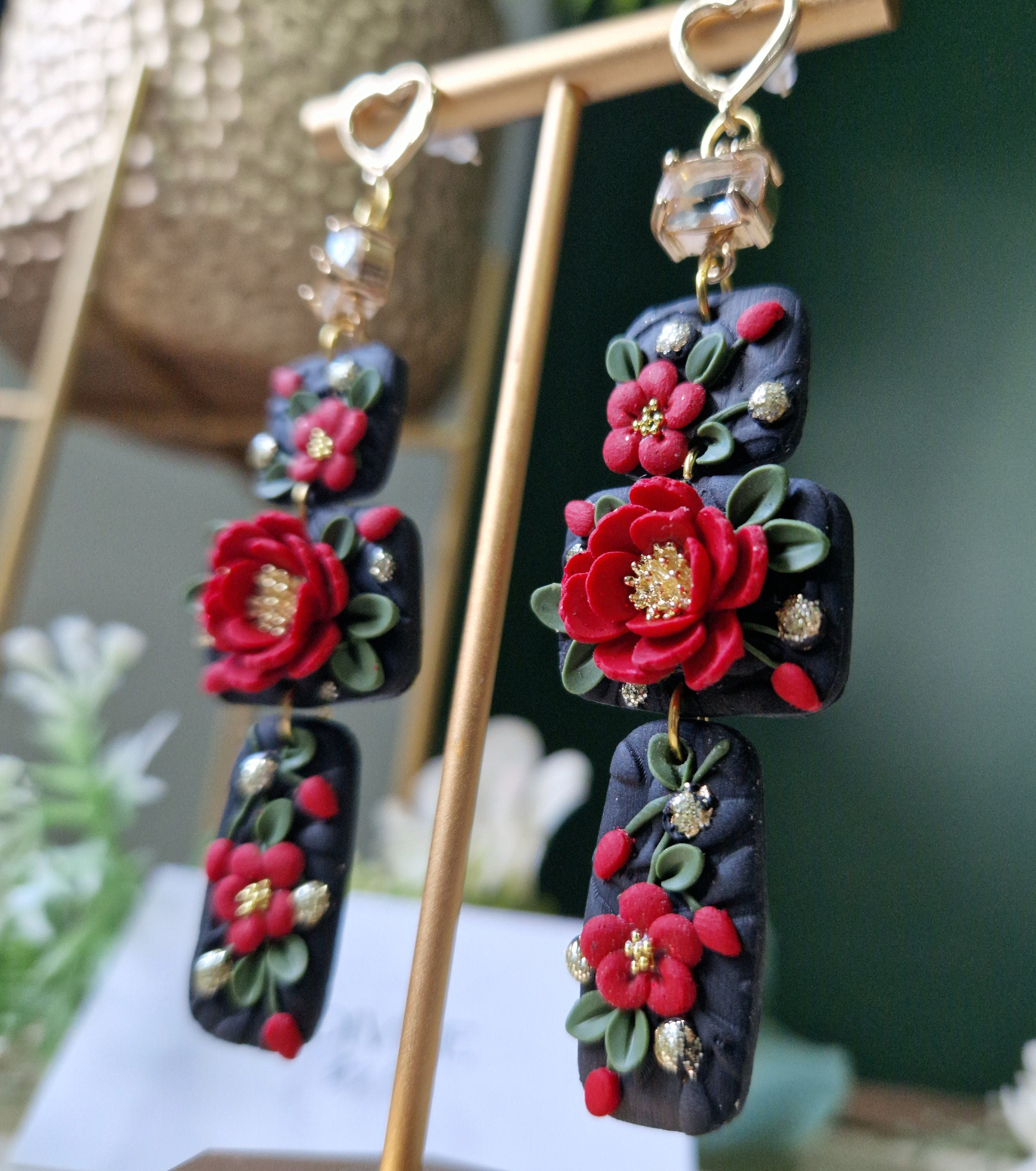 black & red floral  earrings, celestial jewellery, gifts for her