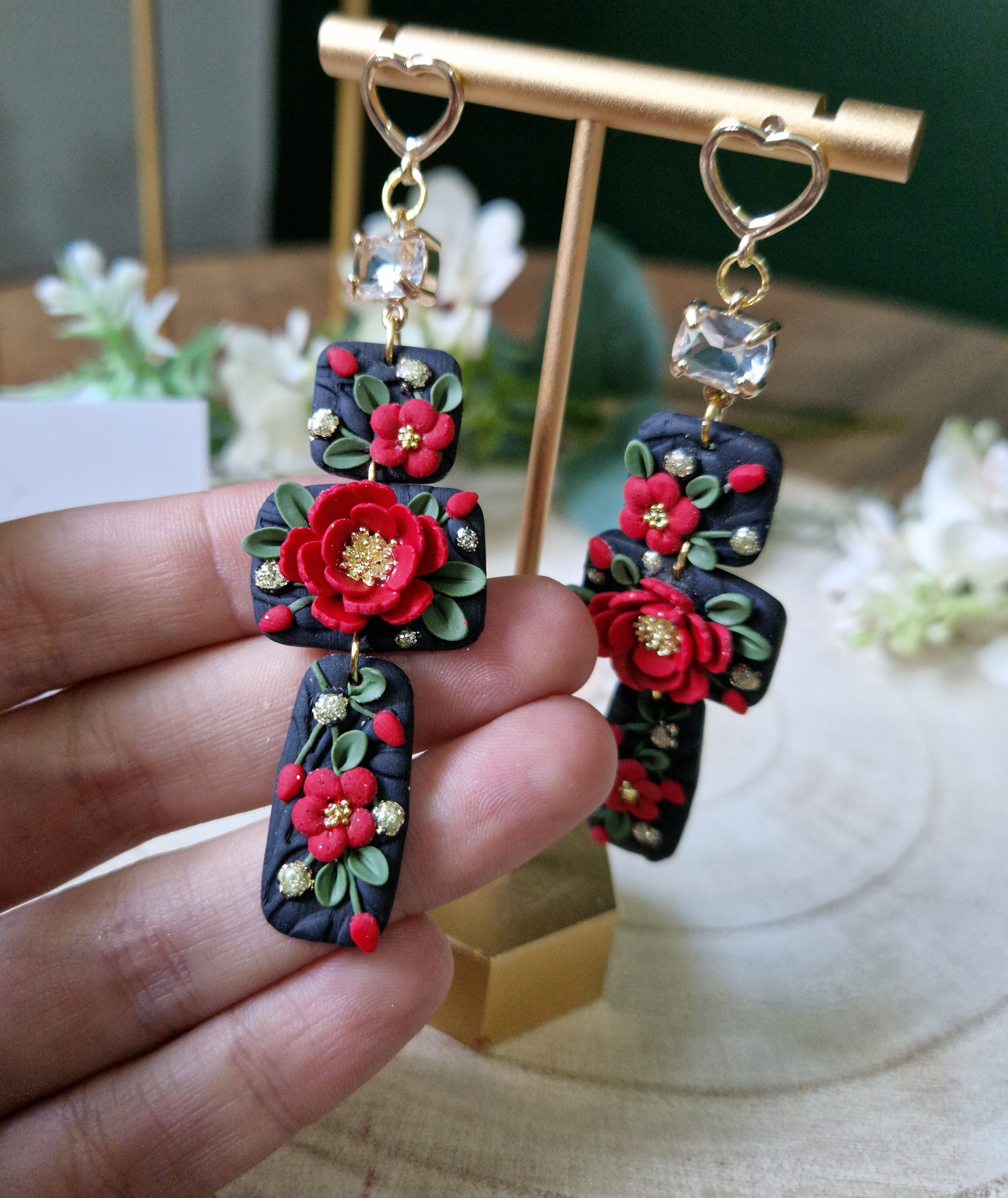 black & red floral  earrings, celestial jewellery, gifts for her