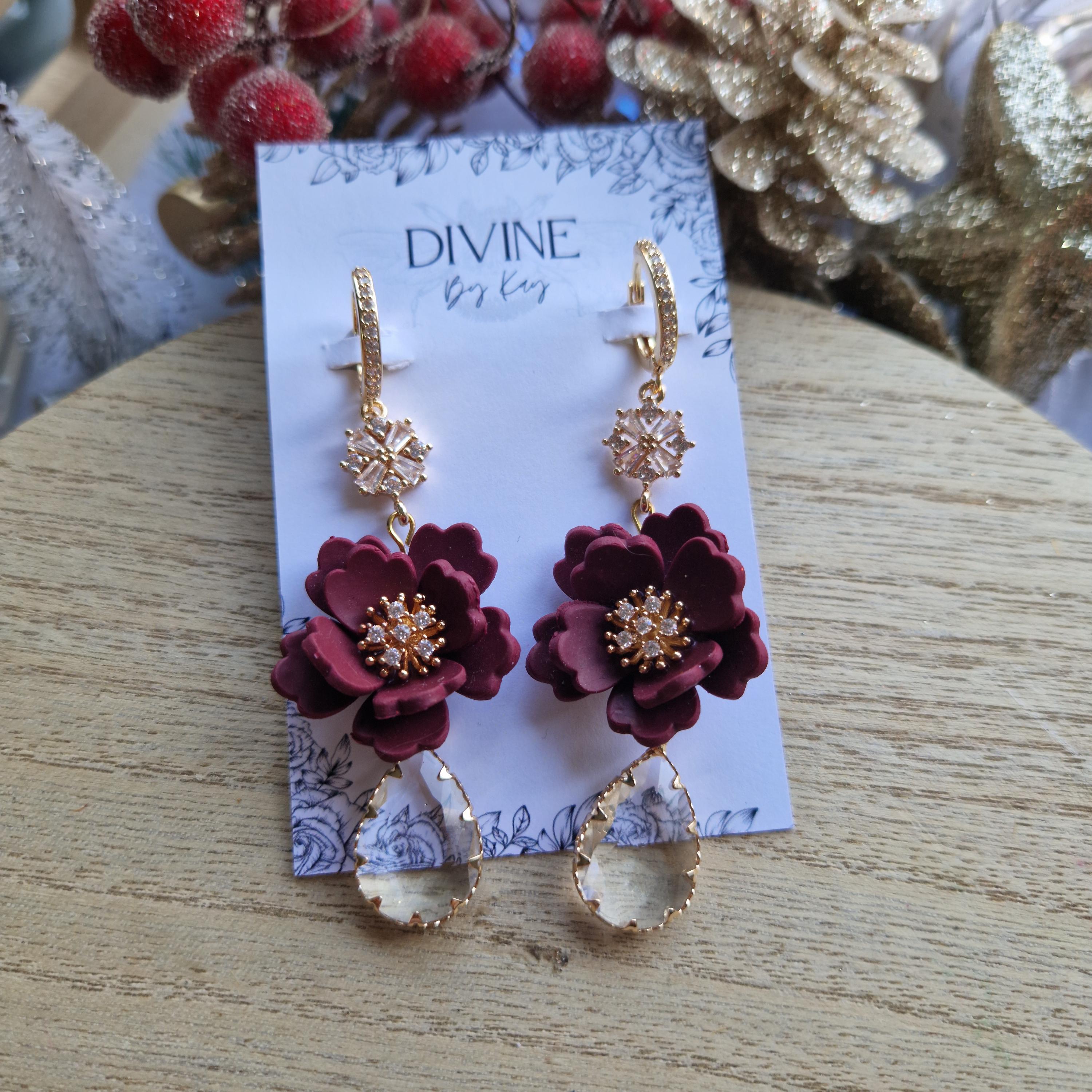 elegant Christmas dangle earrings - clay earrings  - gifts for her - flower earrings