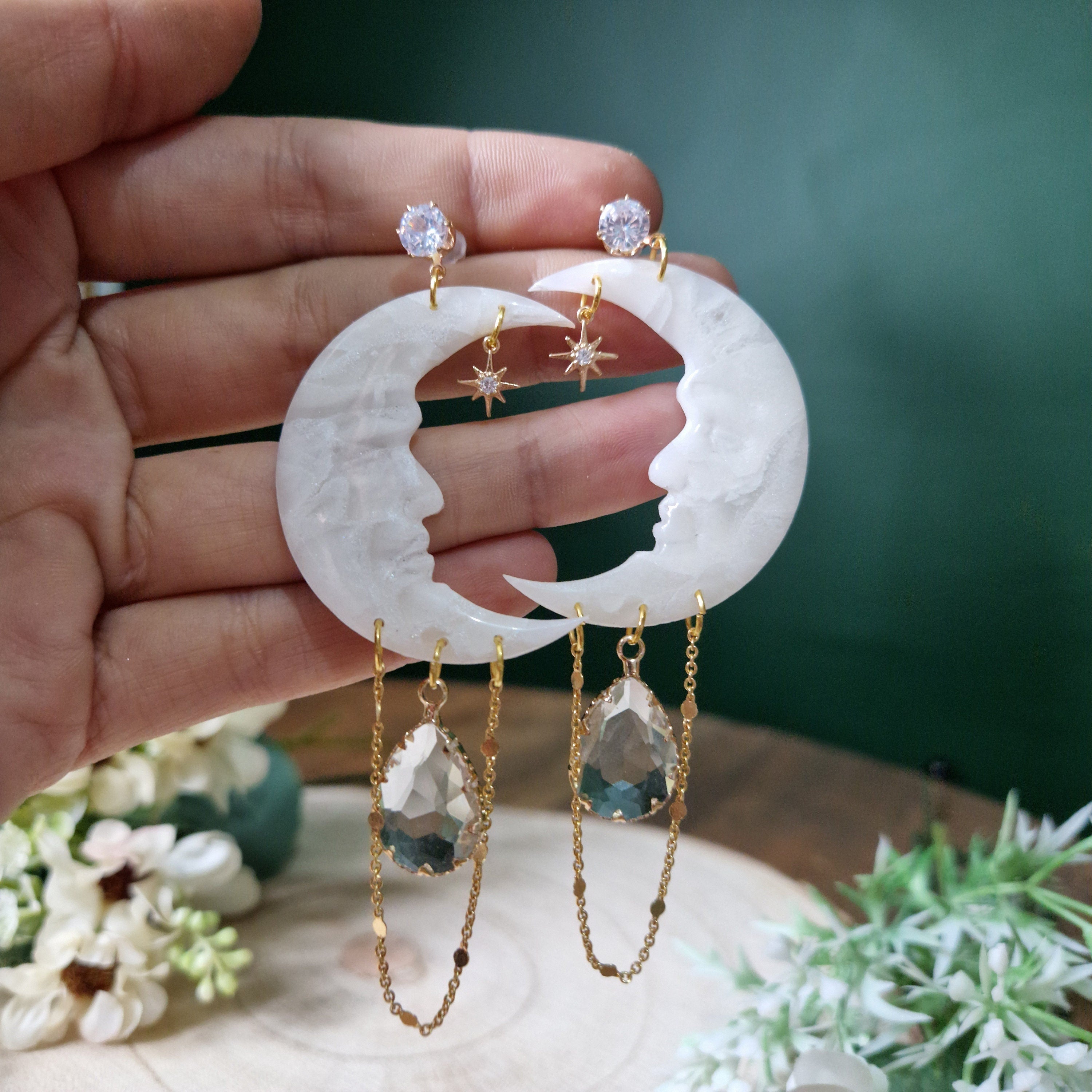 celestial opal moon earrings, statement earrings , gifts for her , birthday gift idea, crescent moon jewellery, christmas day gift