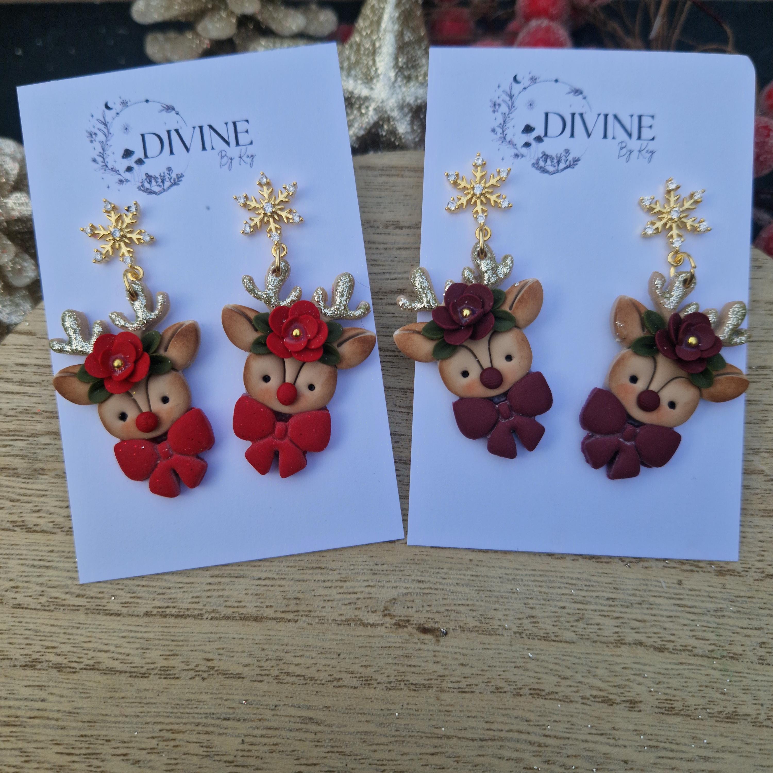 reindeer bow dangle earrings, Christmas earrings, polymer clay earrings, handmade jewellery,