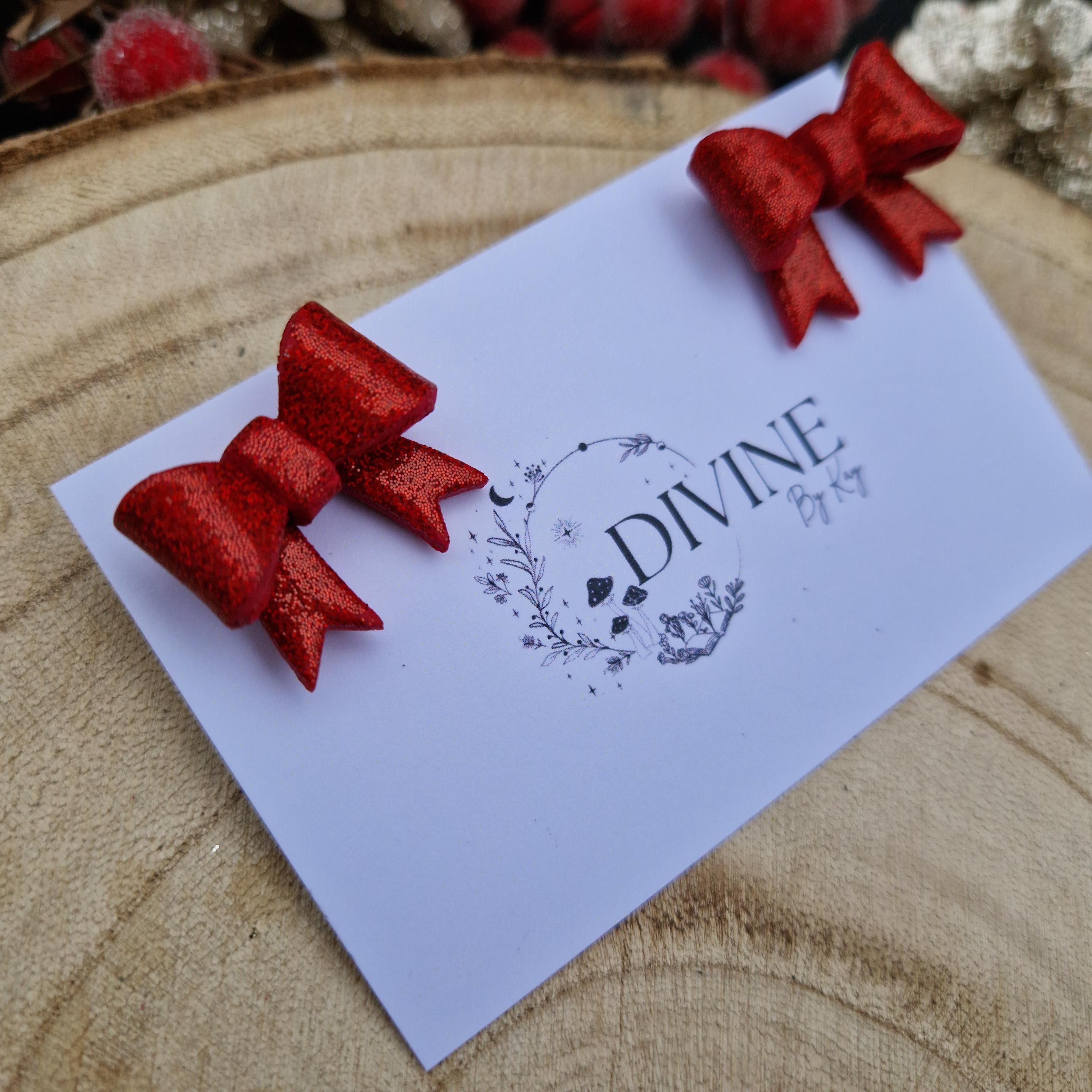 Christmas bow earrings, minimalist earrings, festive earrings, secret santa gift, dainty dangle studs