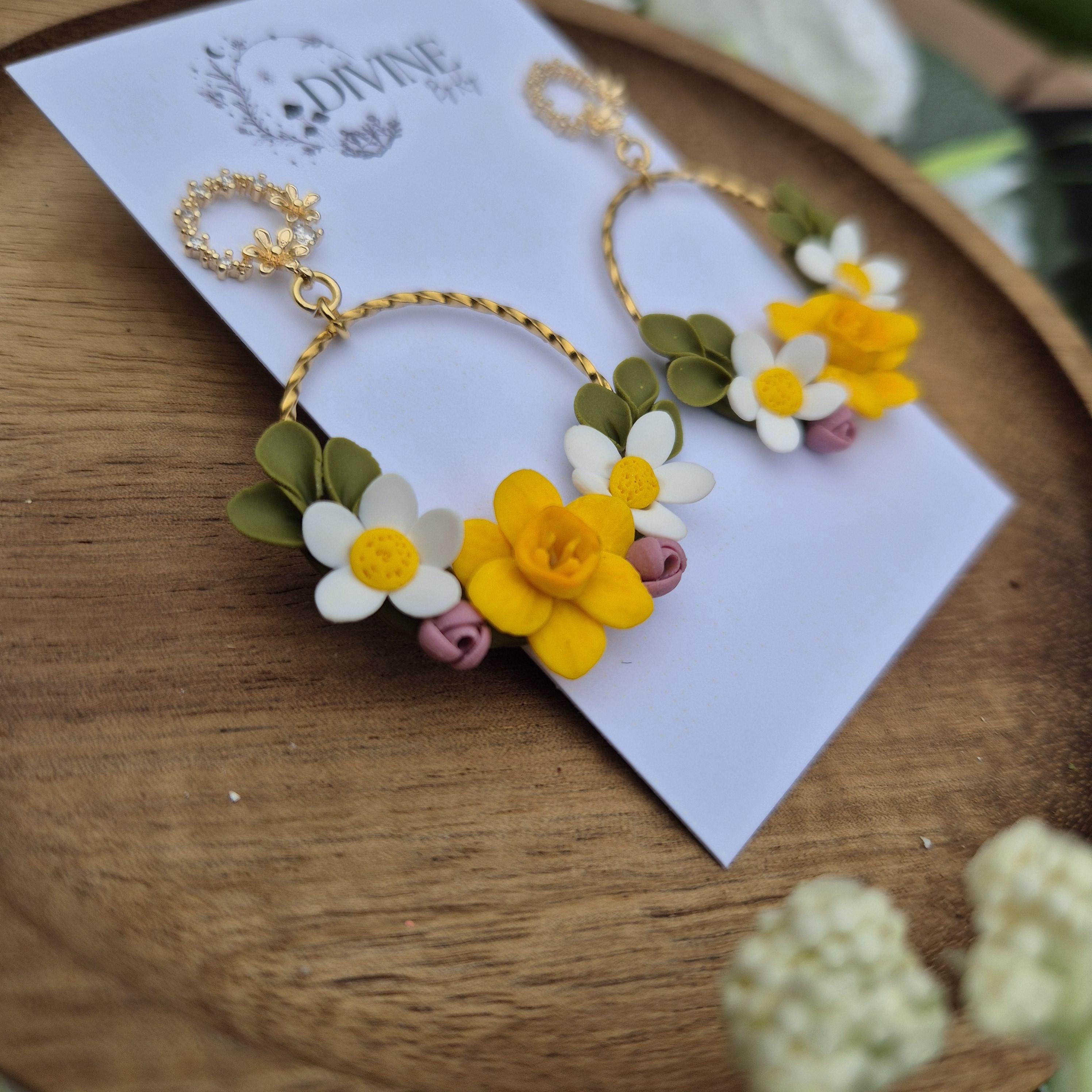Spring floral dangle earrings - handmade earrings uk - clay earrings - divine clay