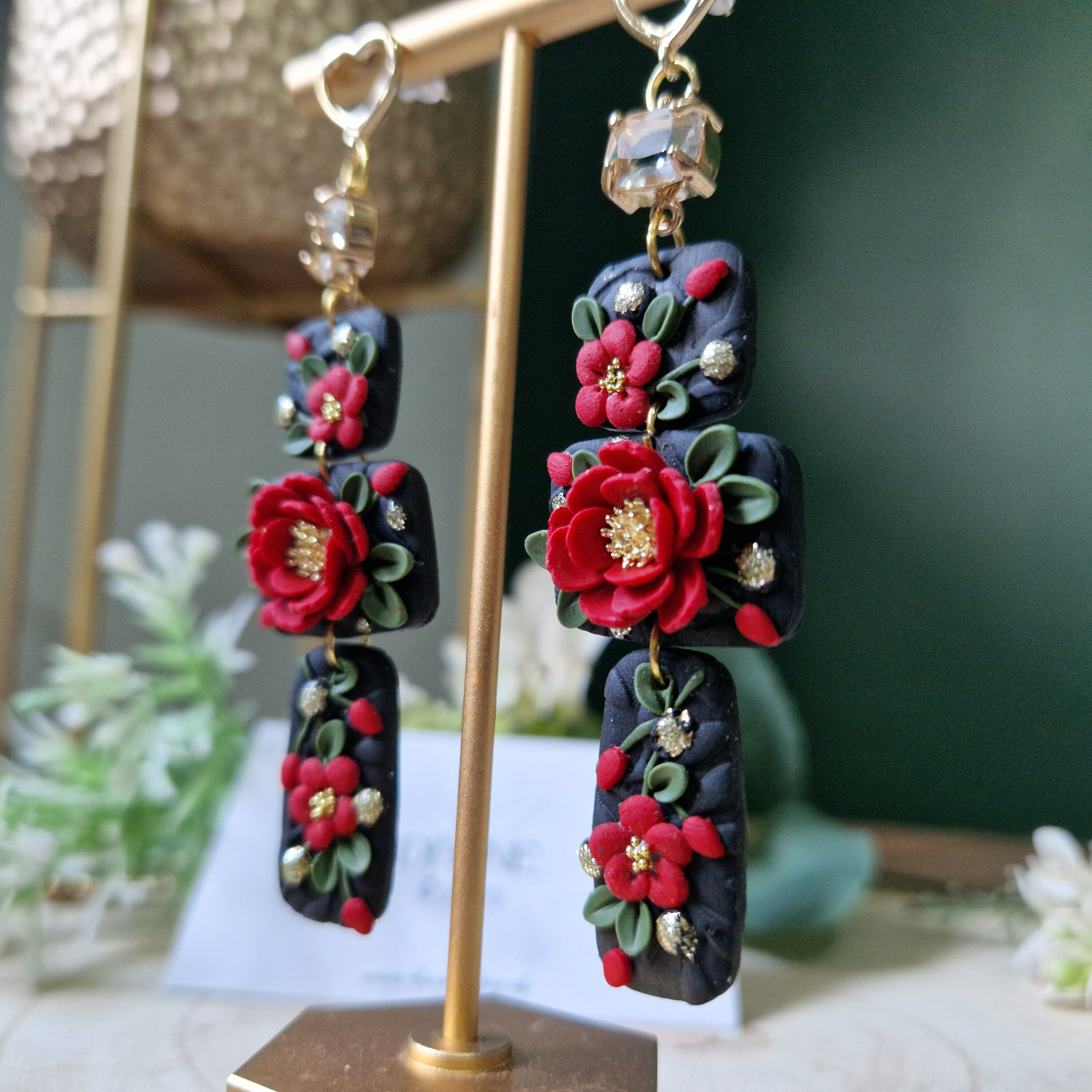black & red floral  earrings, celestial jewellery, gifts for her
