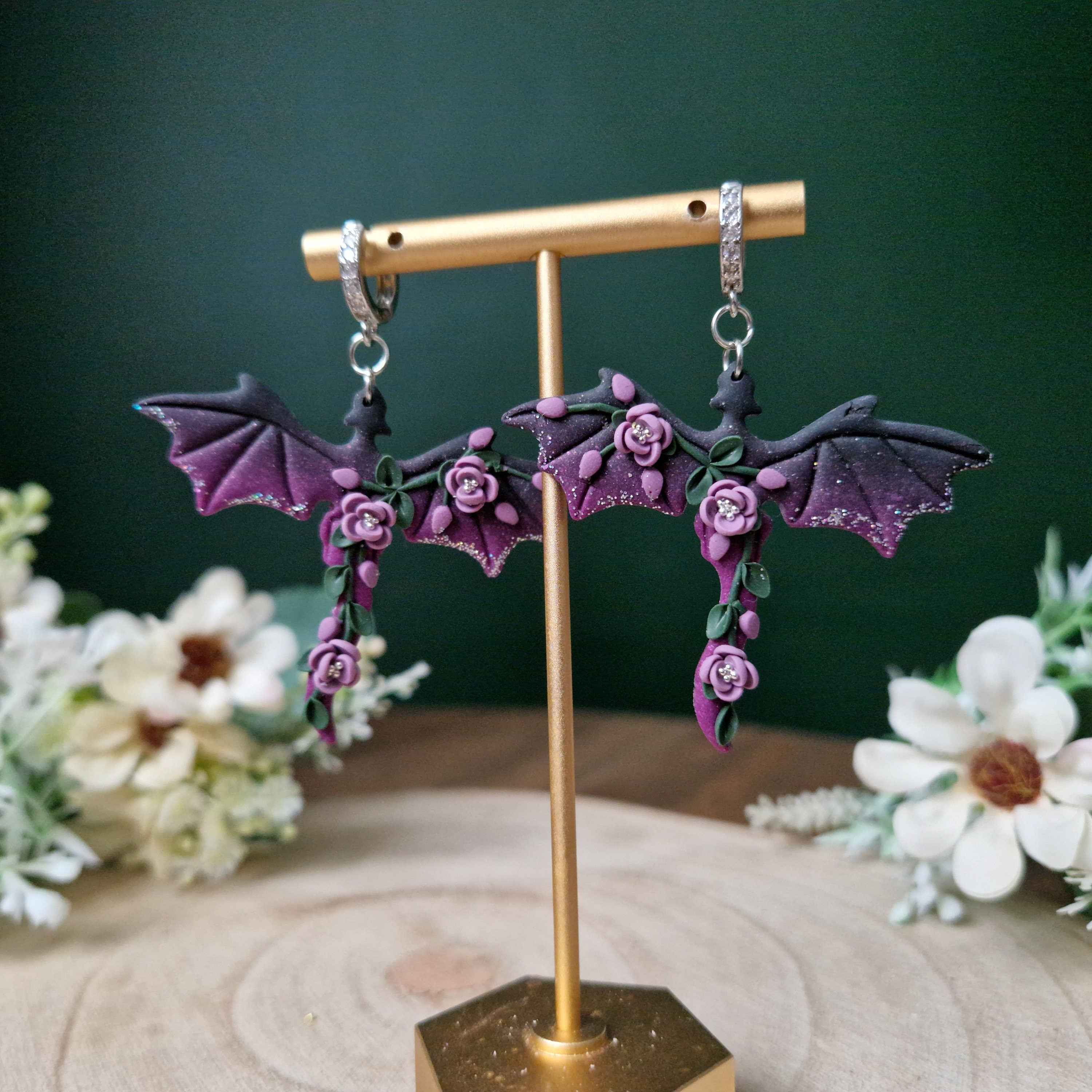 purple ombre dragon earrings - gothic jewellery - gift ideas for her - elegant clay earrings