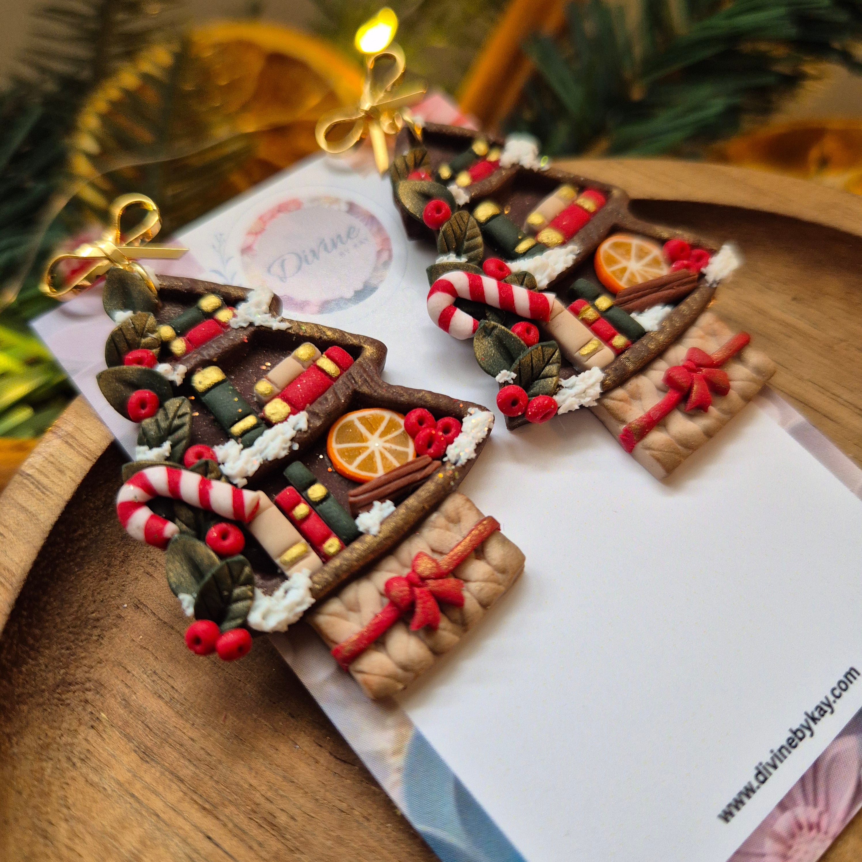 Christmas bookshelf earrings.