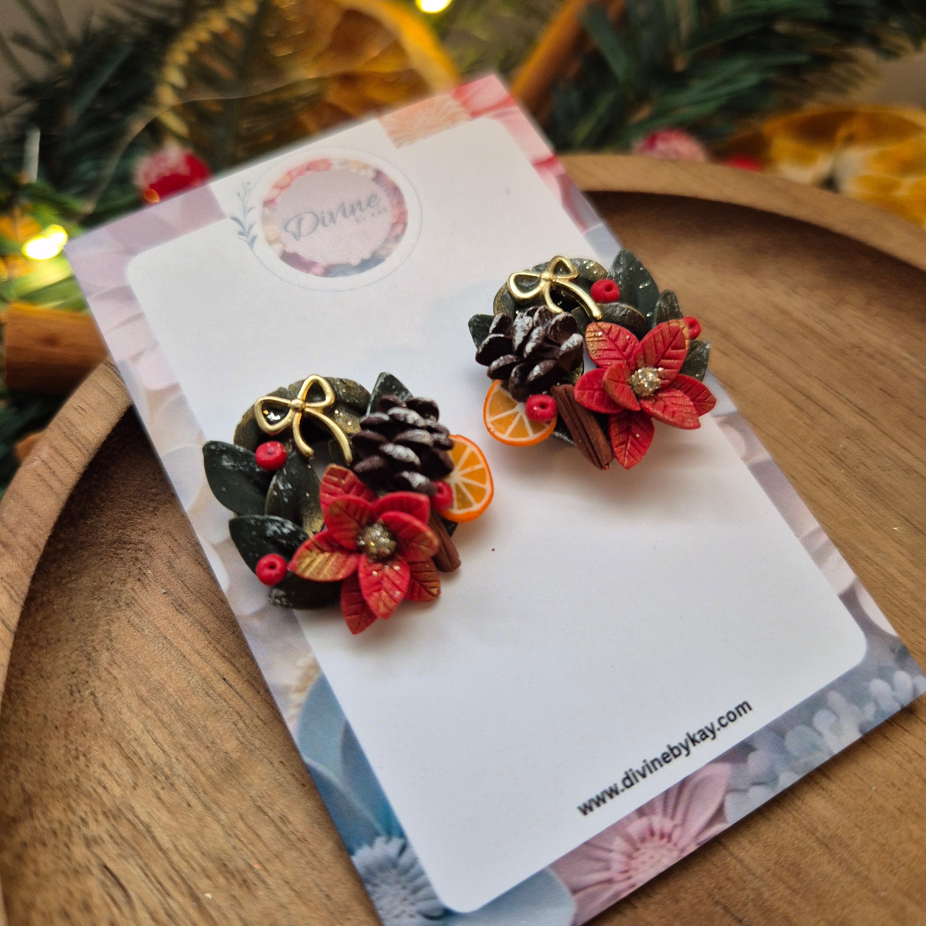 Christmas Poinsettia & Pinecone Stud Earrings
