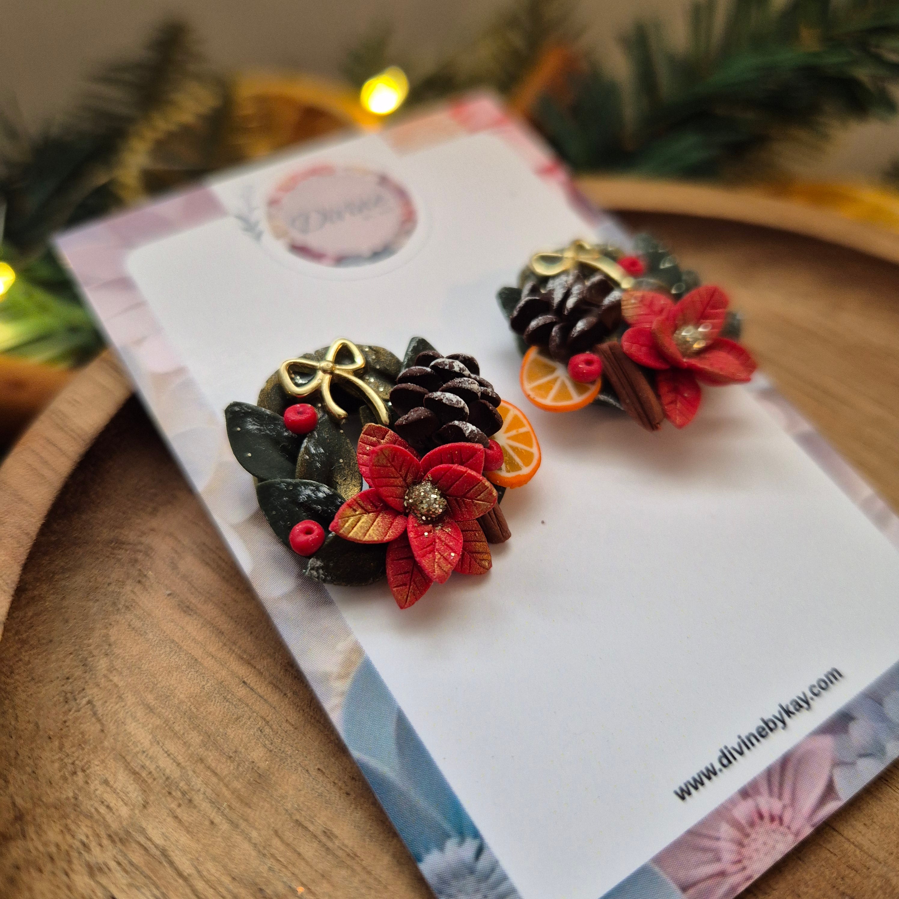 Christmas Poinsettia & Pinecone Stud Earrings