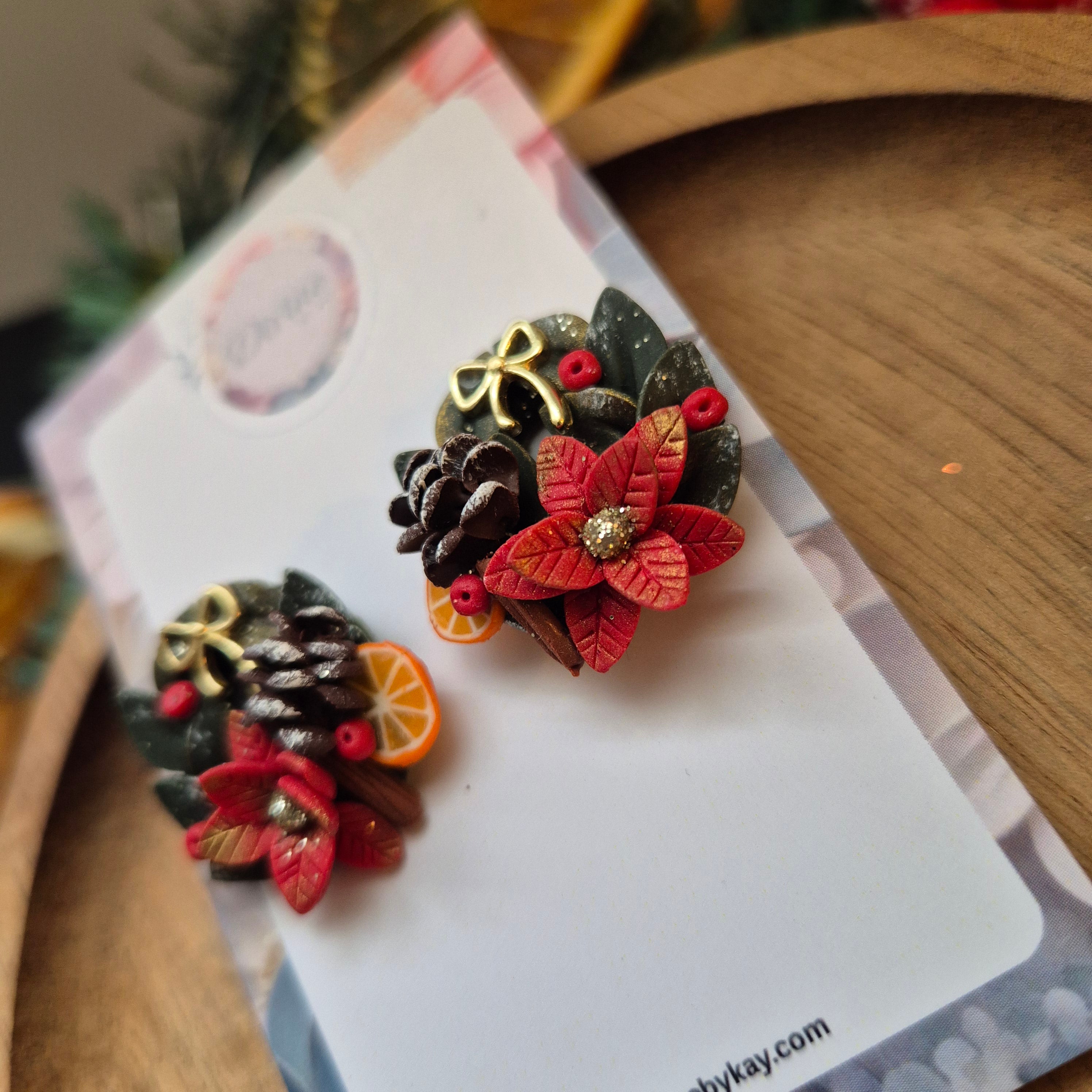 Christmas Poinsettia & Pinecone Stud Earrings