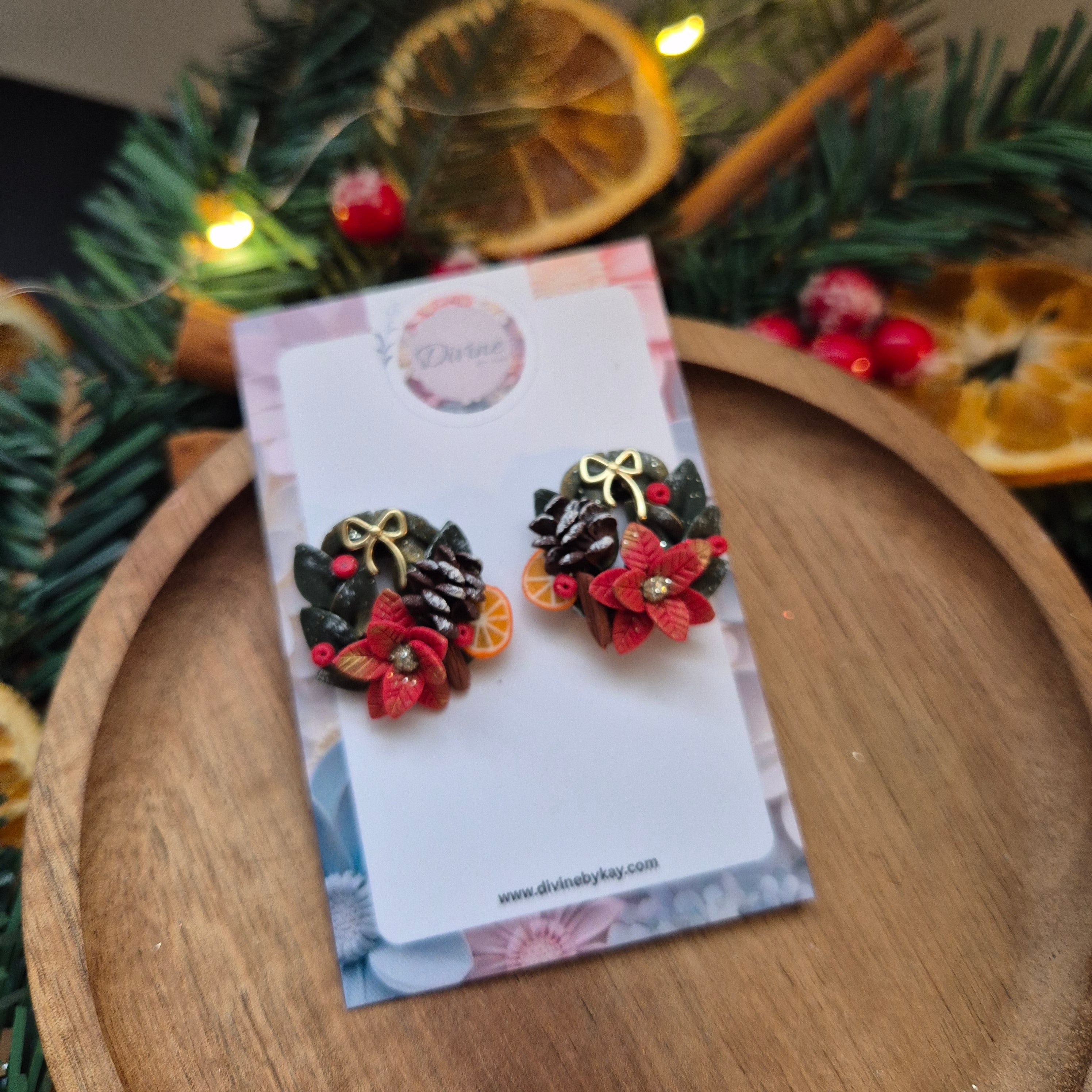 Christmas Poinsettia & Pinecone Stud Earrings