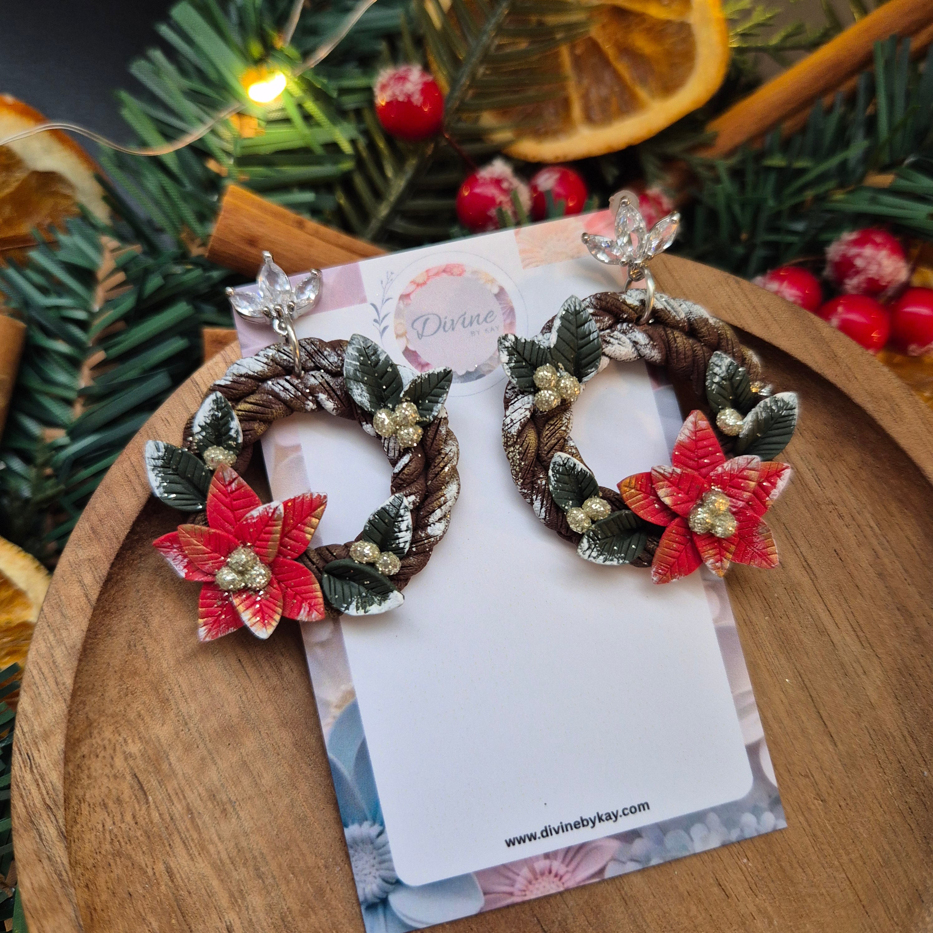 Poinsettia Christmas Wreath Earrings