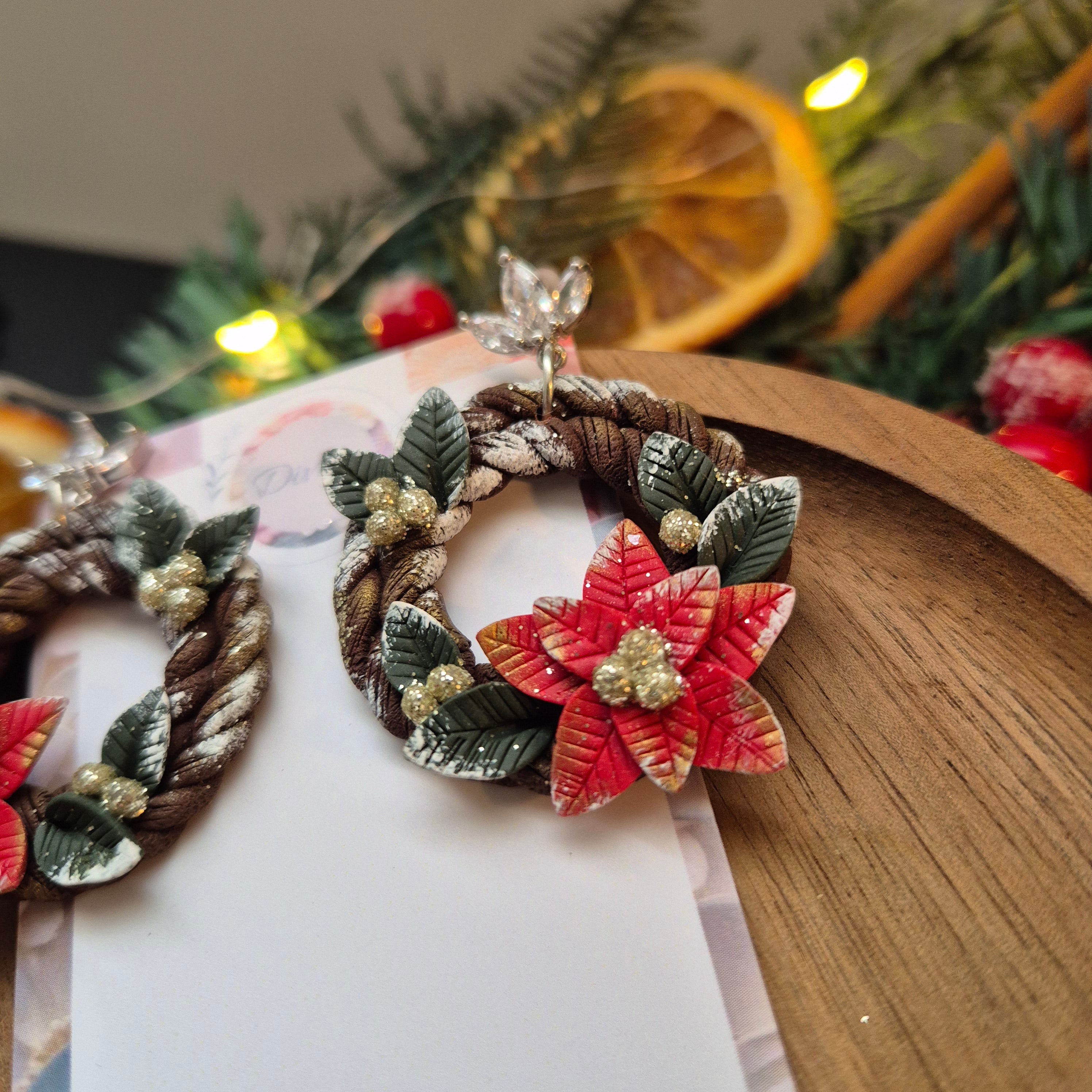 Poinsettia Christmas Wreath Earrings