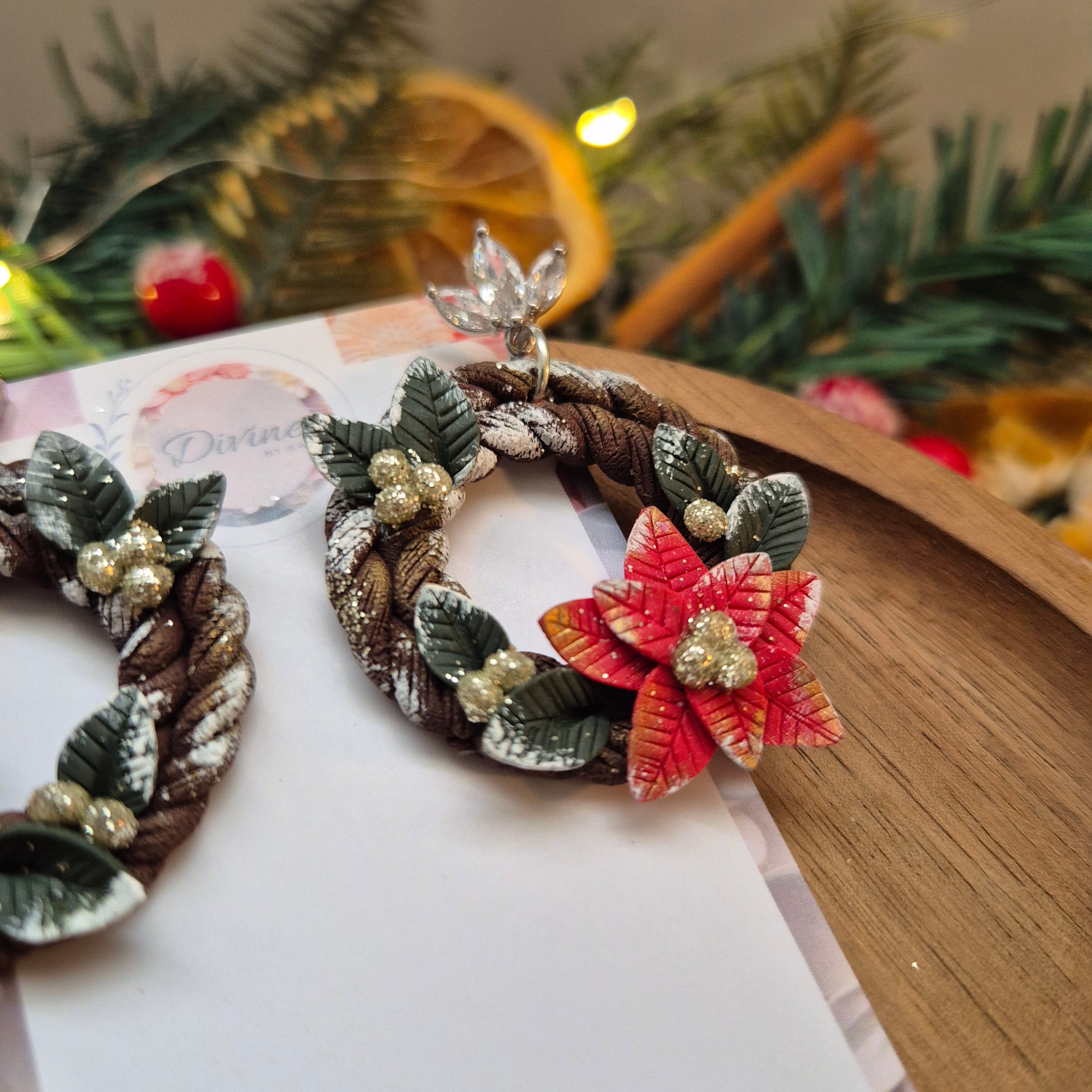 Poinsettia Christmas Wreath Earrings