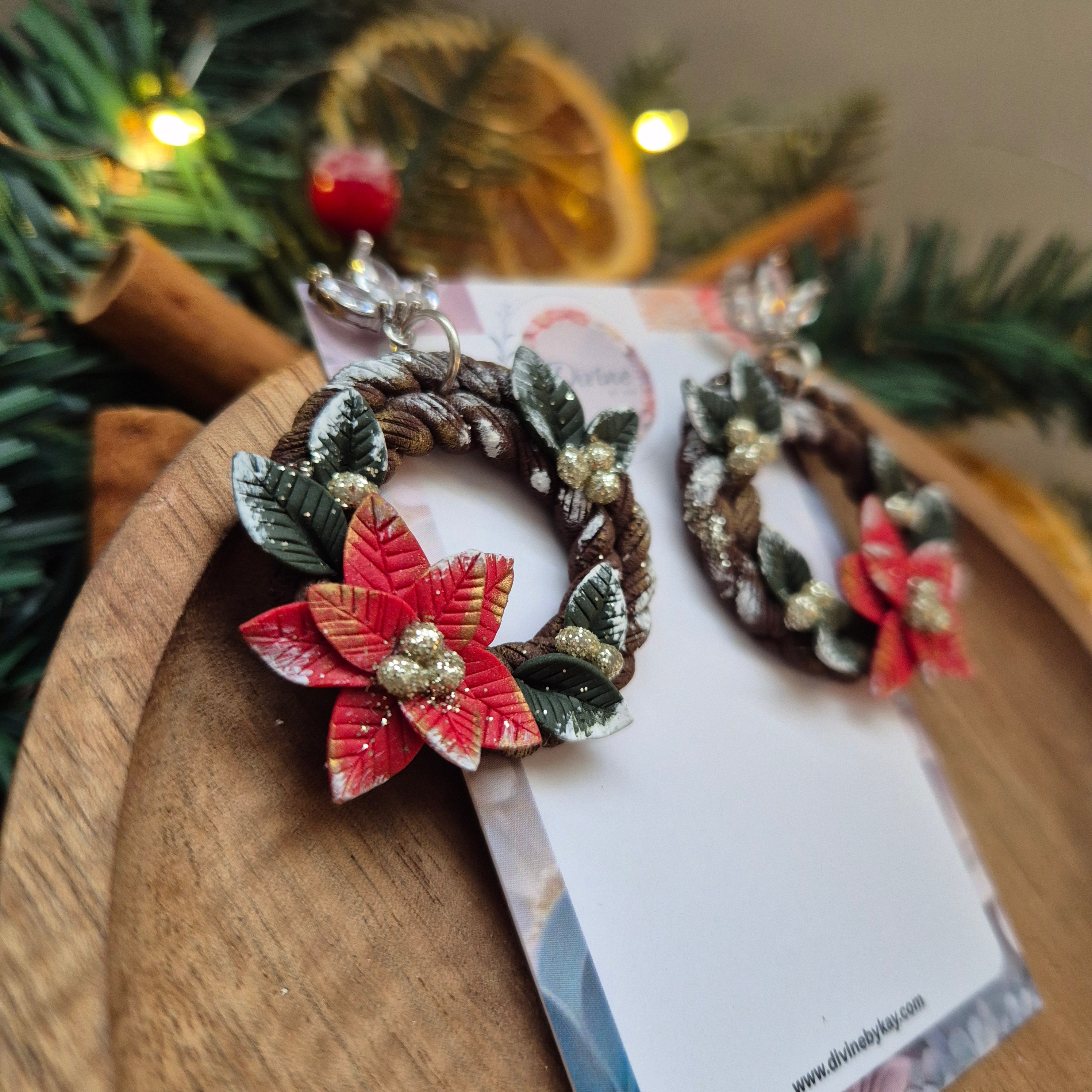 Poinsettia Christmas Wreath Earrings