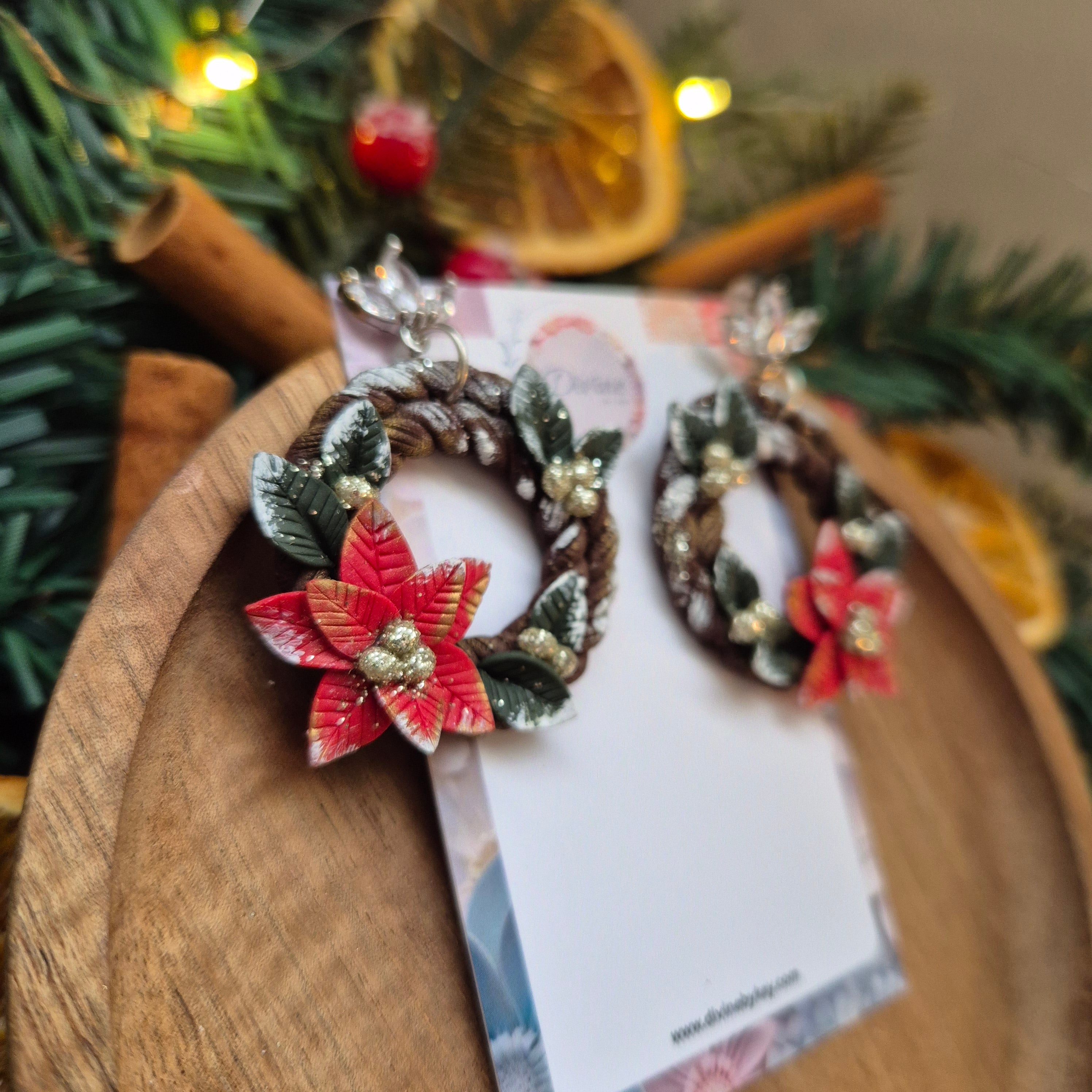 Poinsettia Christmas Wreath Earrings