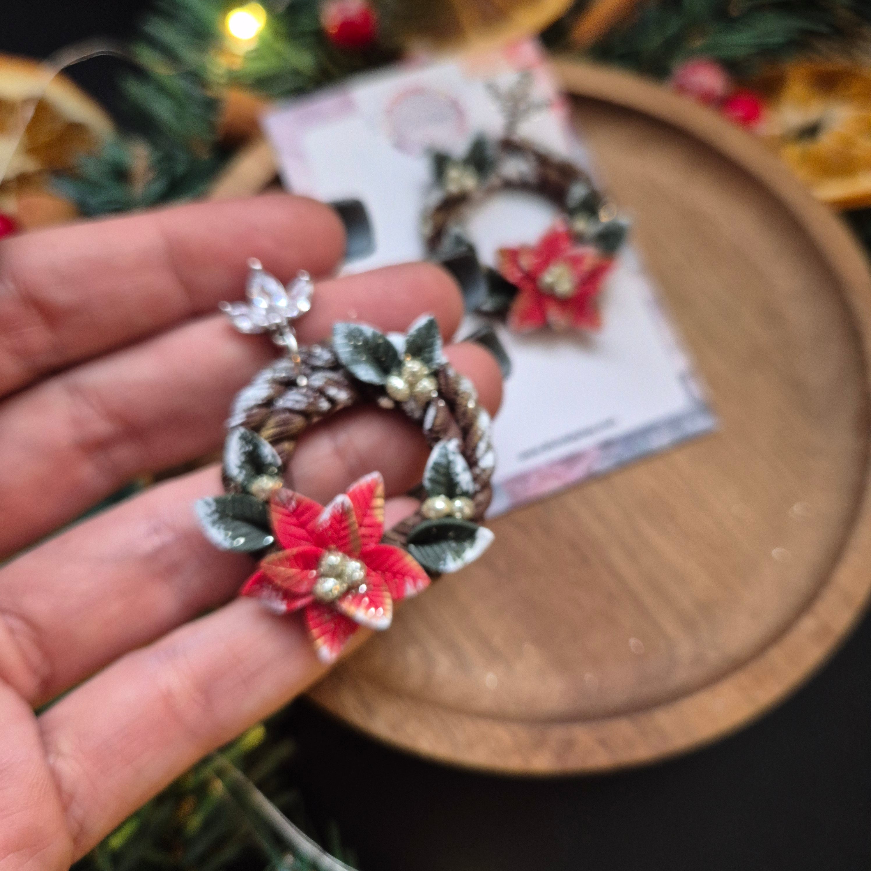 Poinsettia Christmas Wreath Earrings
