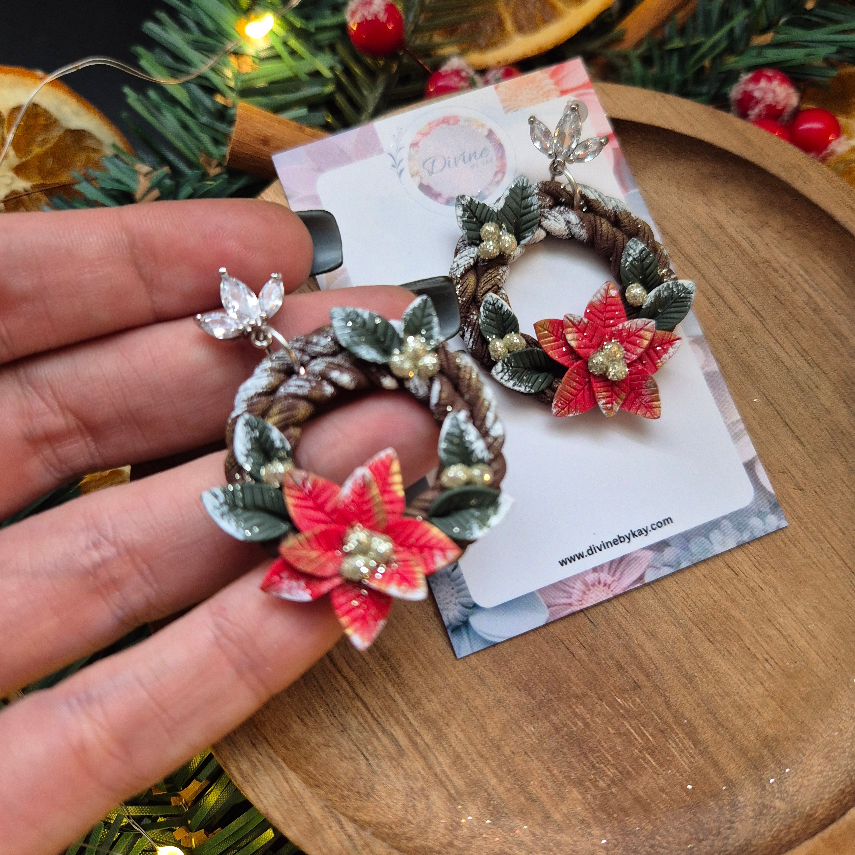 Poinsettia Christmas Wreath Earrings