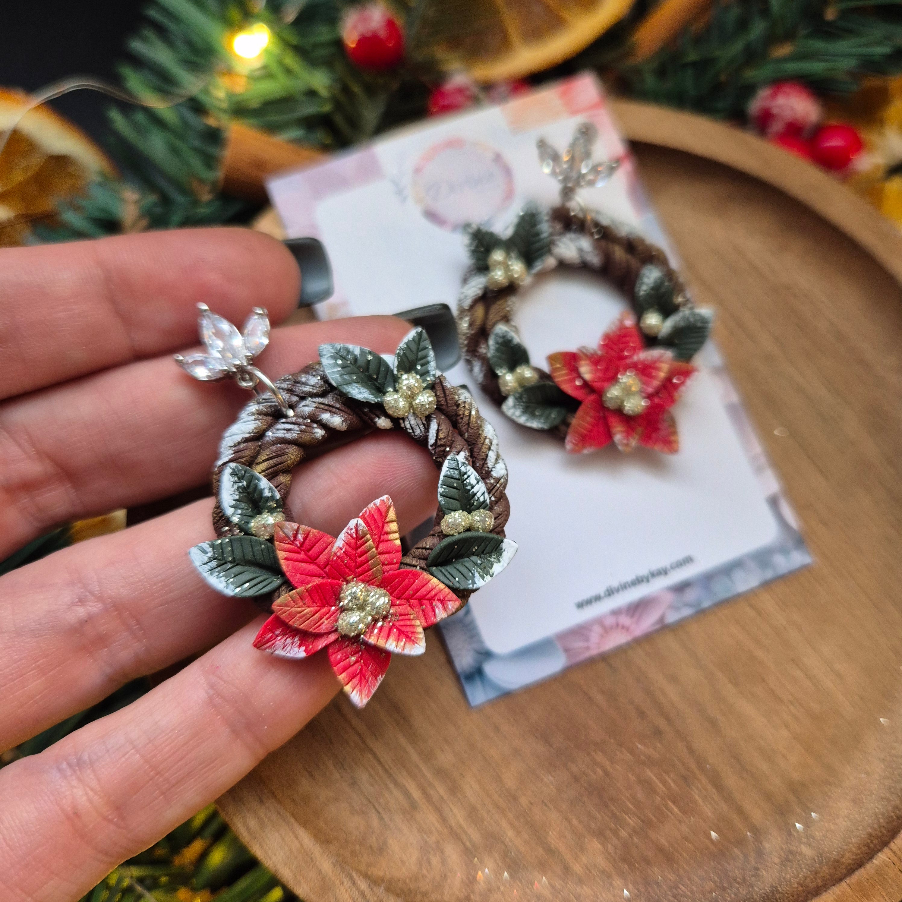 Poinsettia Christmas Wreath Earrings