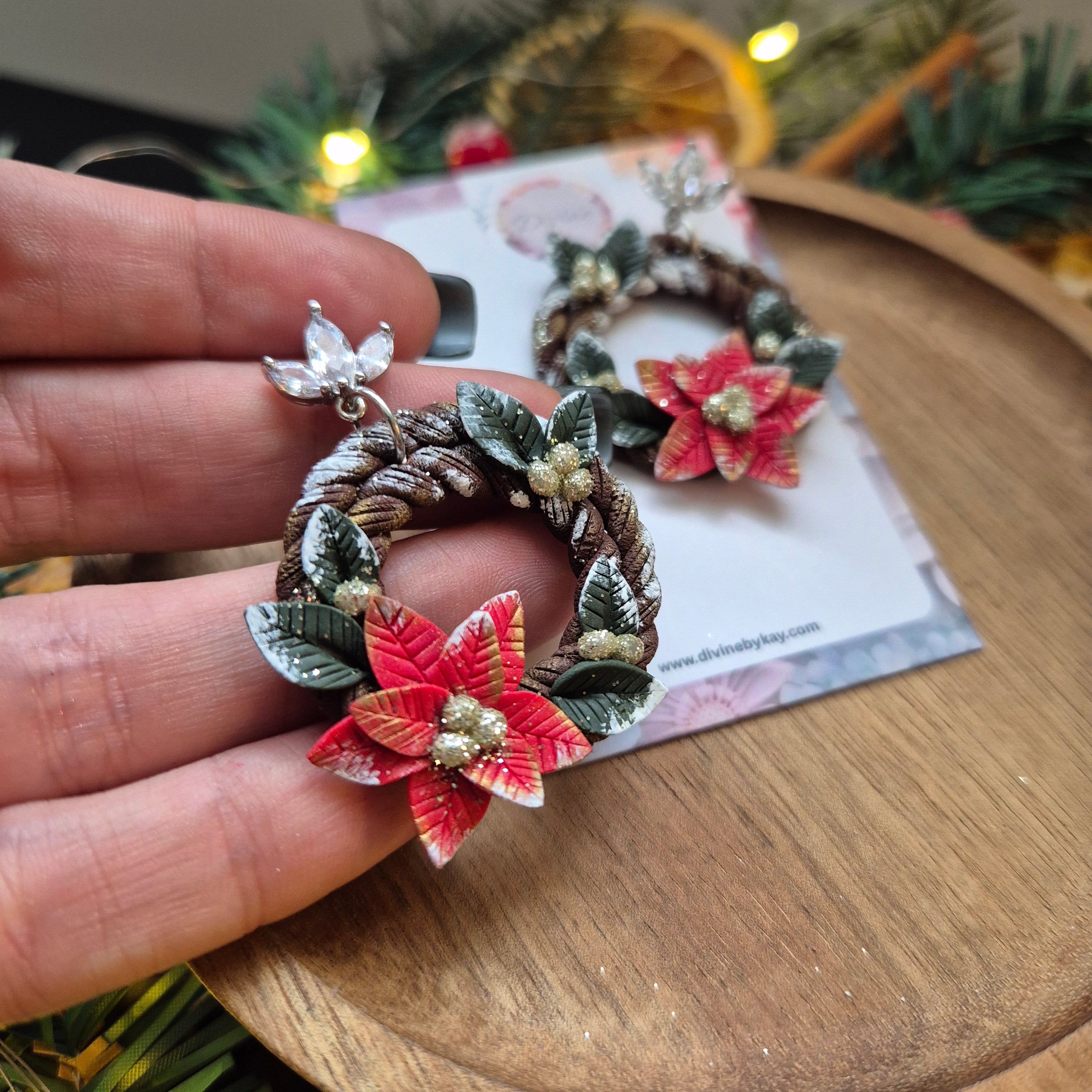 Poinsettia Christmas Wreath Earrings