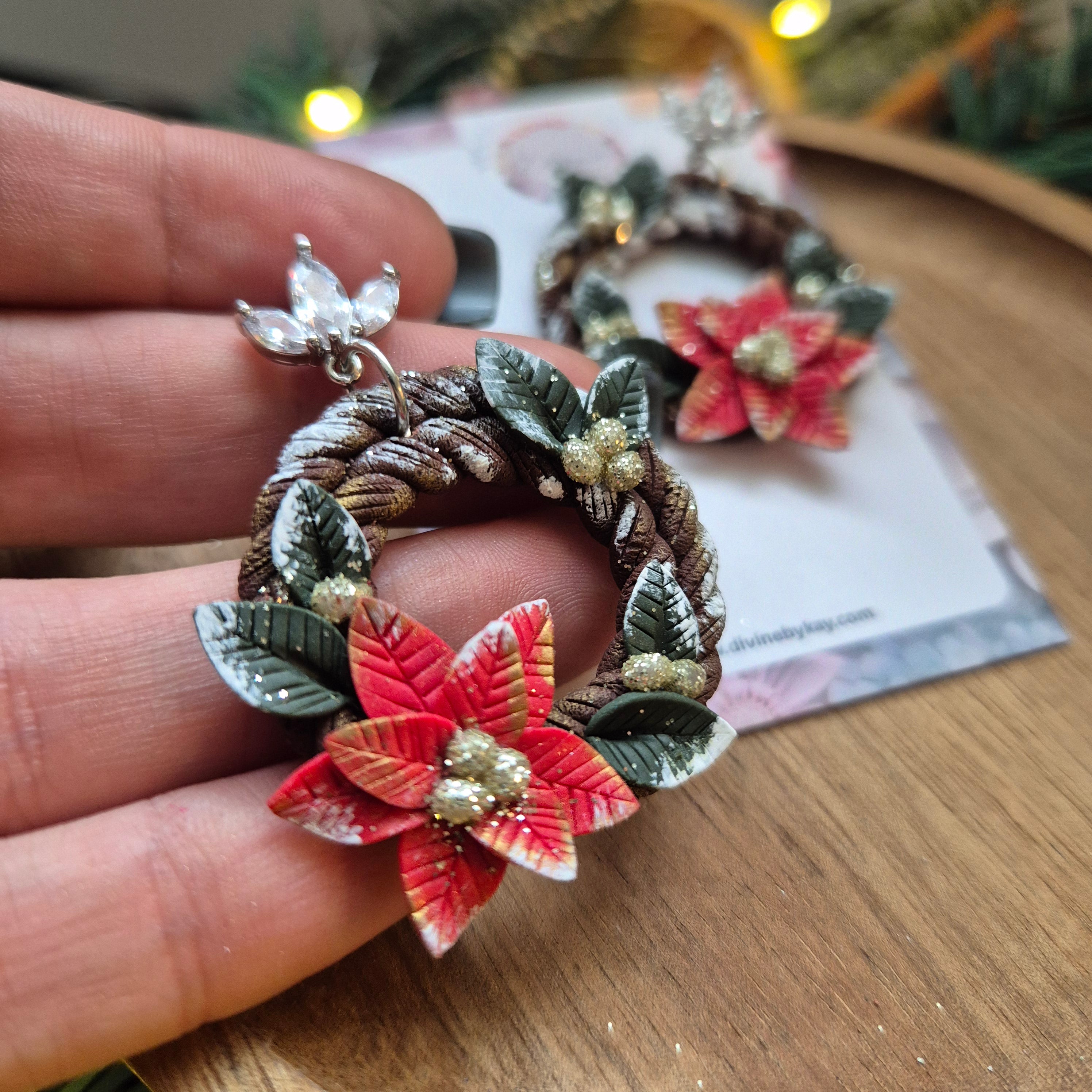 Poinsettia Christmas Wreath Earrings