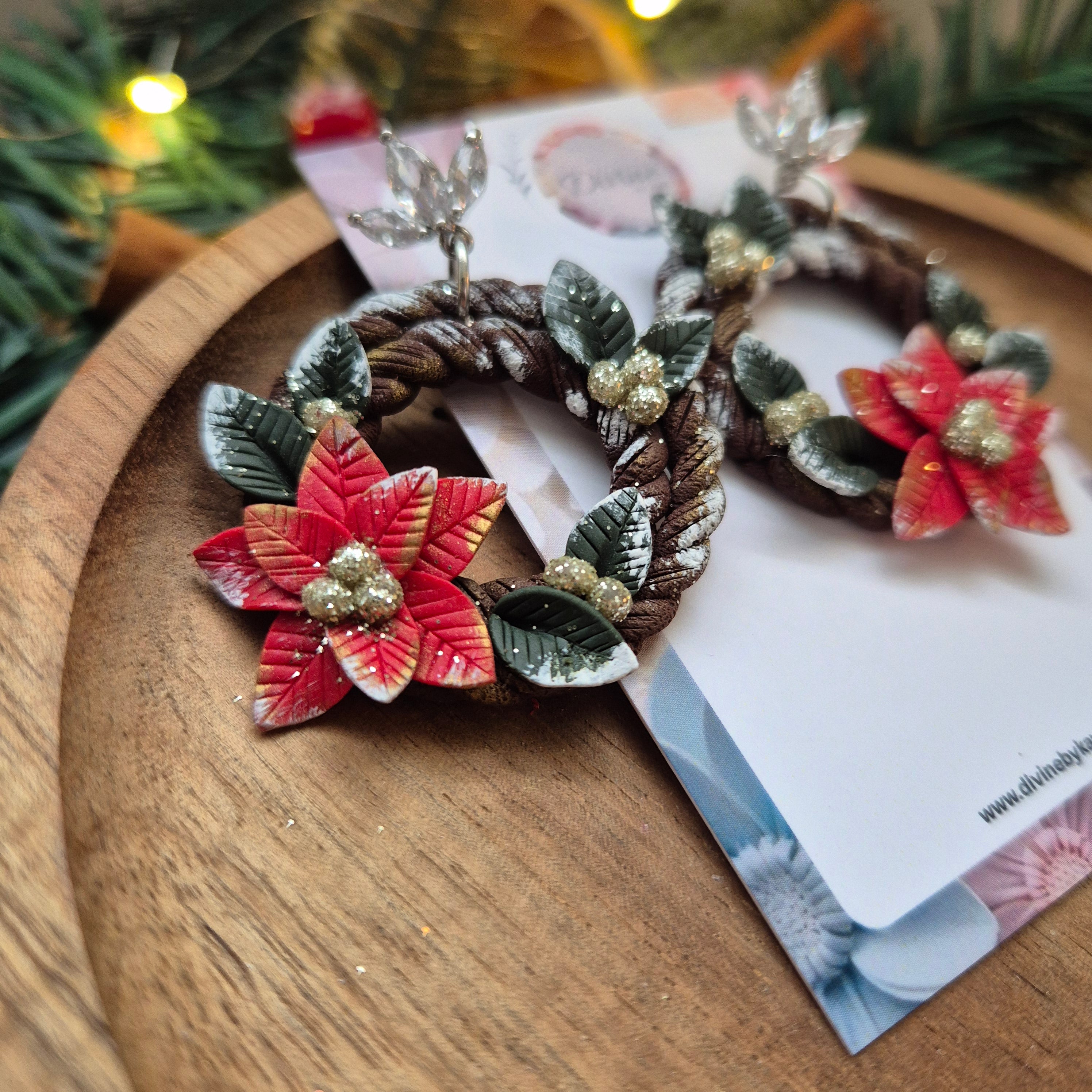 Poinsettia Christmas Wreath Earrings