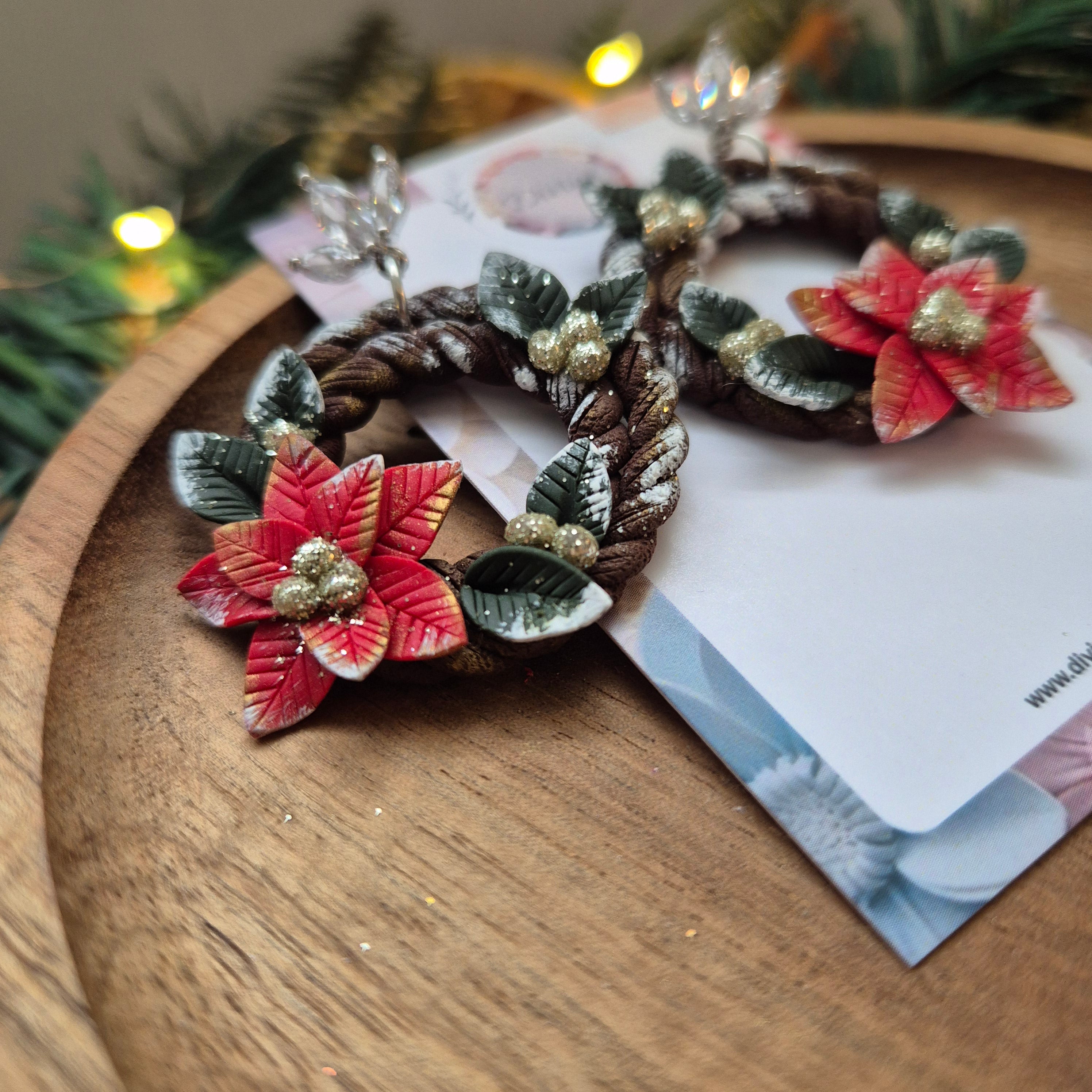 Poinsettia Christmas Wreath Earrings