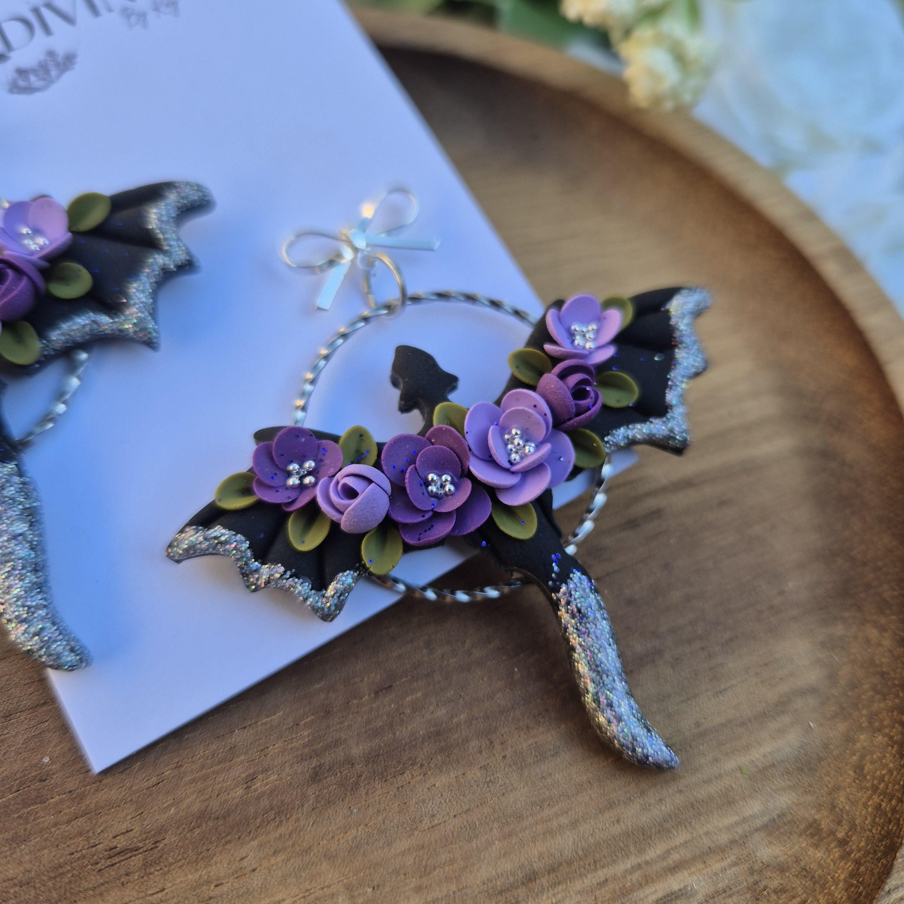 purple silver dragon earrings - gothic jewellery - gift ideas for her - elegant clay earrings