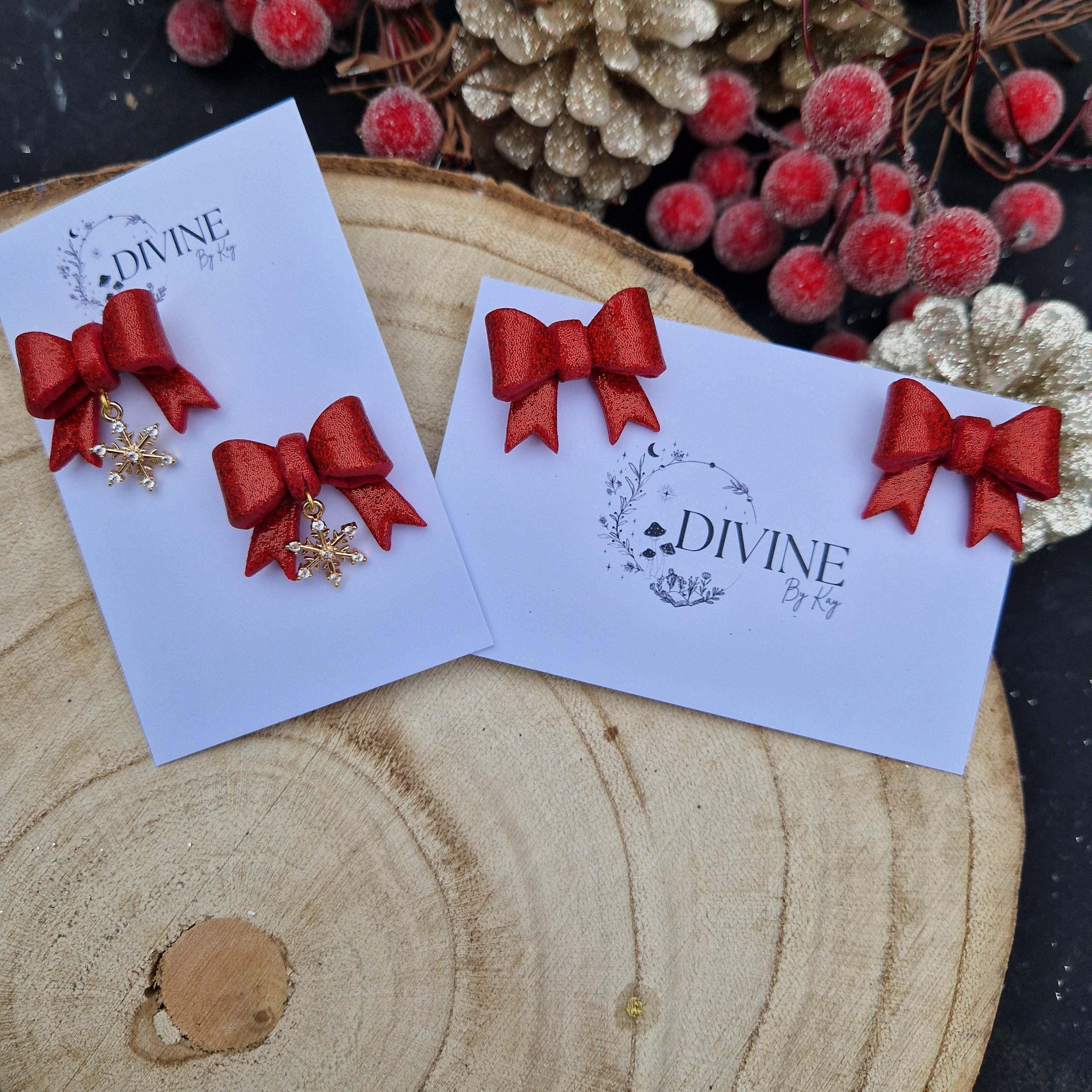Christmas bow earrings, minimalist earrings, festive earrings, secret santa gift, dainty dangle studs