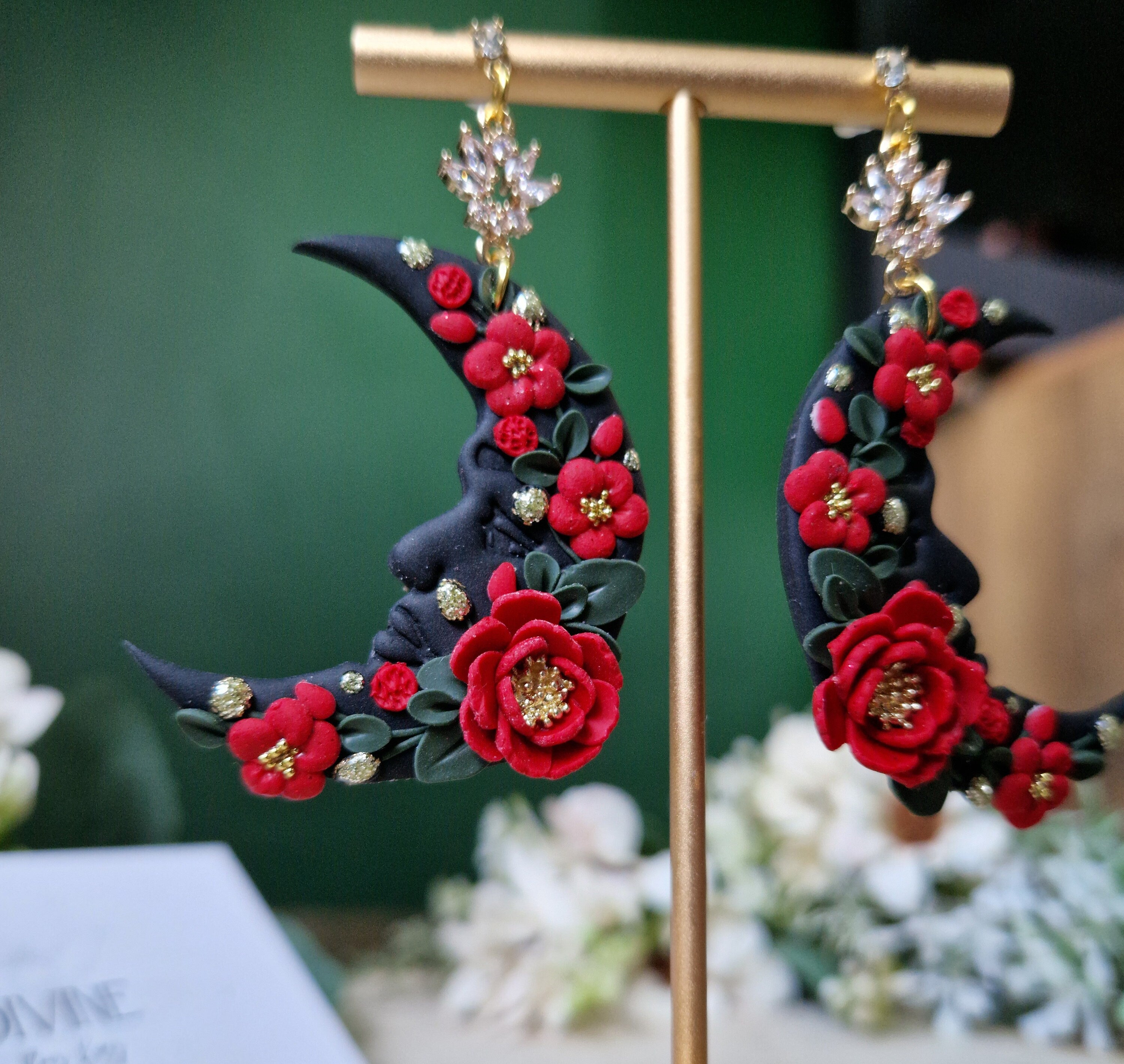 black & red floral moon earrings, celestial jewellery, gifts for her