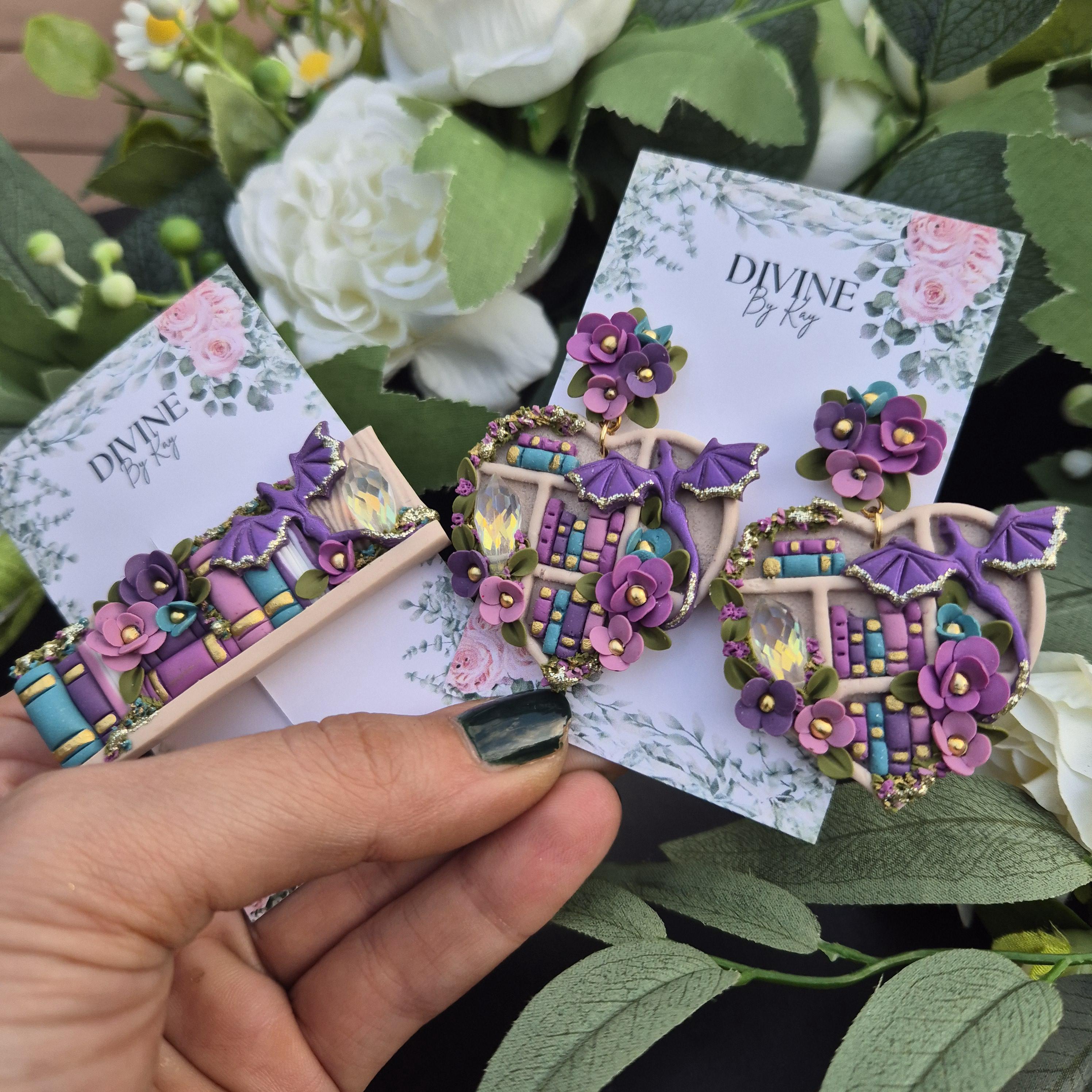 Dragon Book Earrings - book lover gifts - quirky earrings  - bookshelf earrings - book club gifts - book hair accessories- unique hair clip