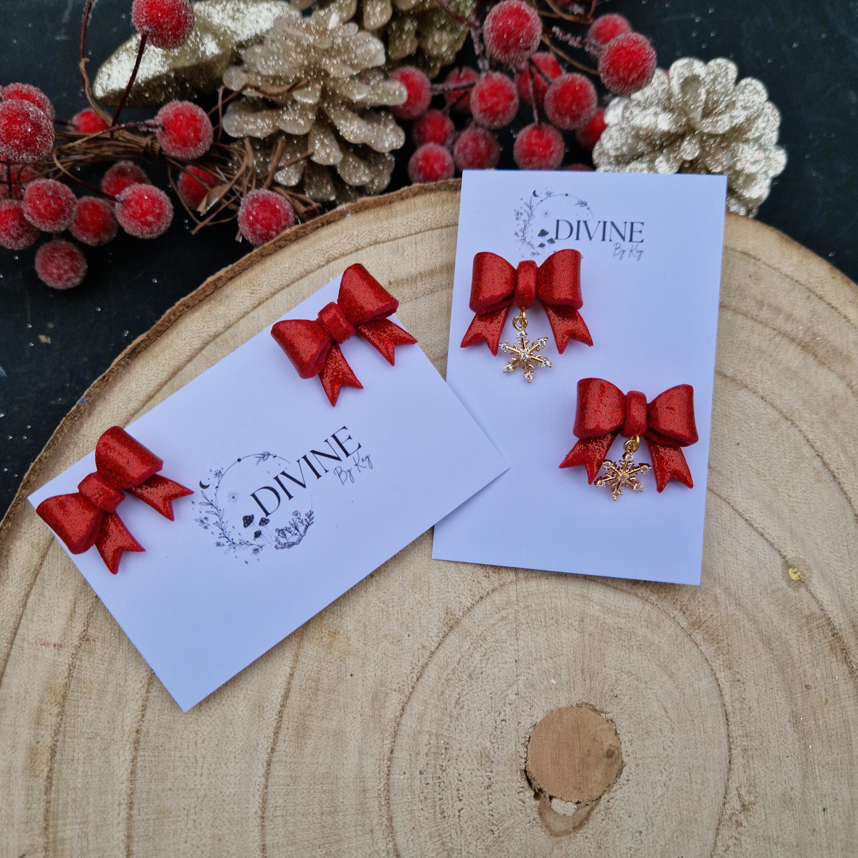 Christmas bow earrings, minimalist earrings, festive earrings, secret santa gift, dainty dangle studs