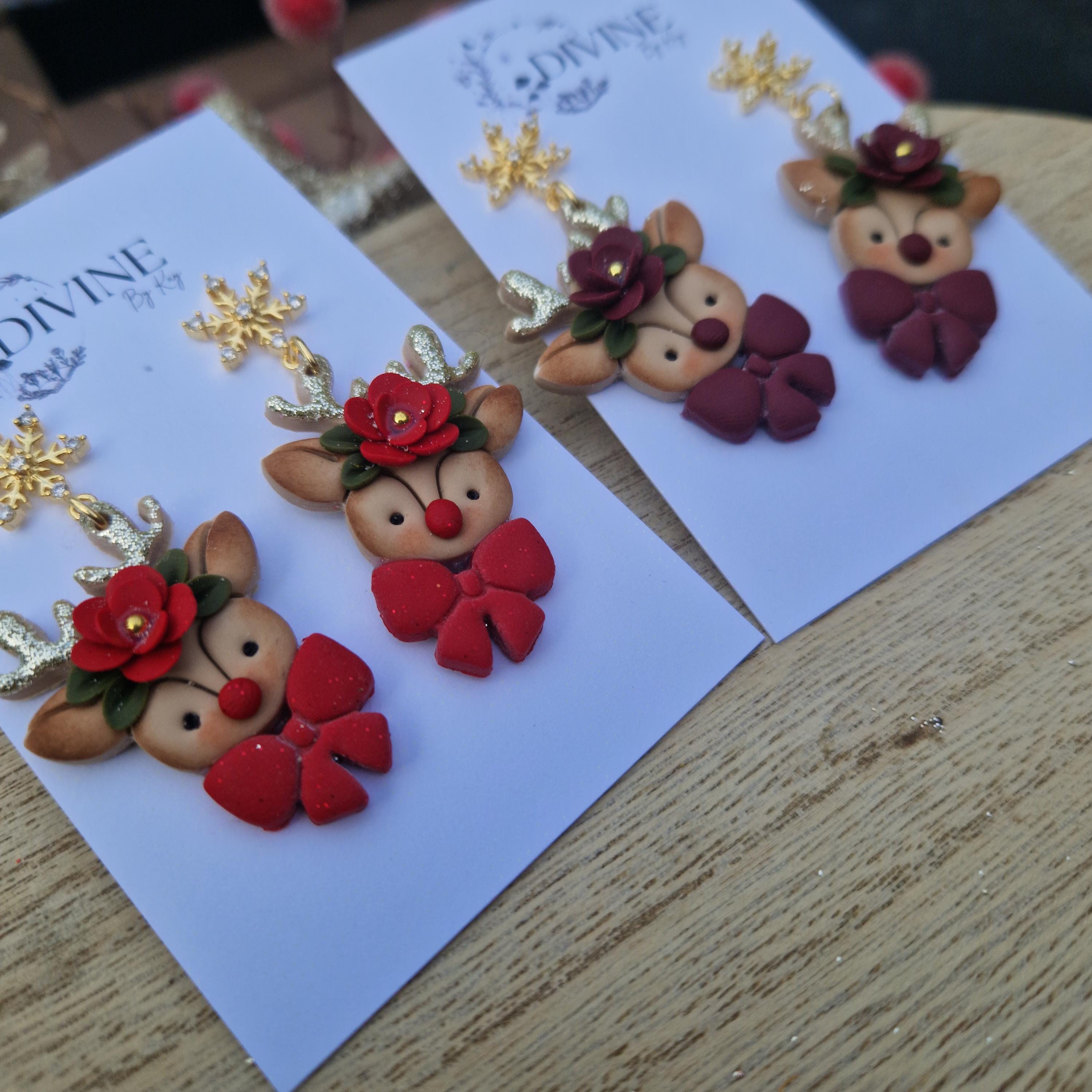 reindeer bow dangle earrings, Christmas earrings, polymer clay earrings, handmade jewellery,