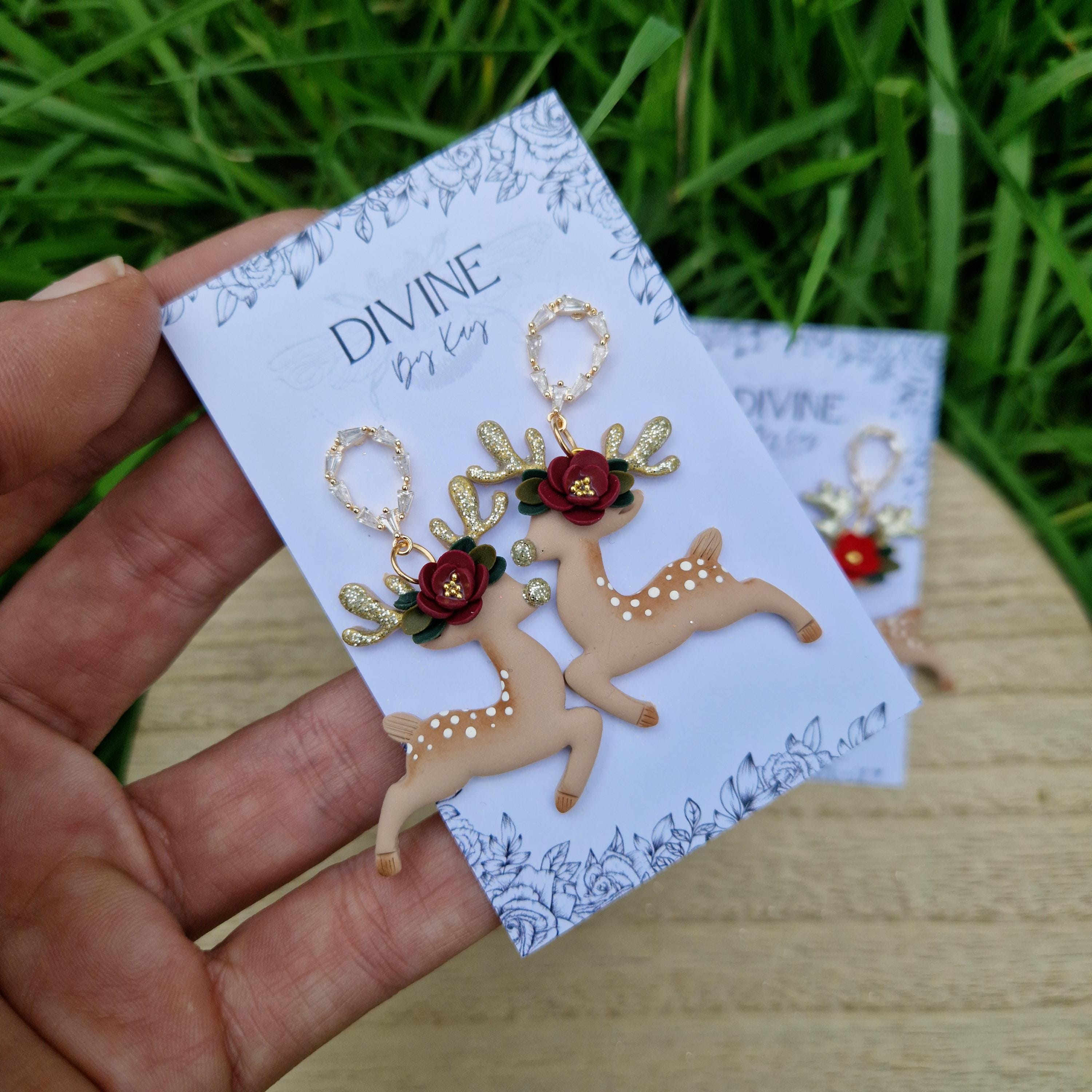 reindeer dangle earrings, Christmas earrings, polymer clay earrings, handmade jewellery,