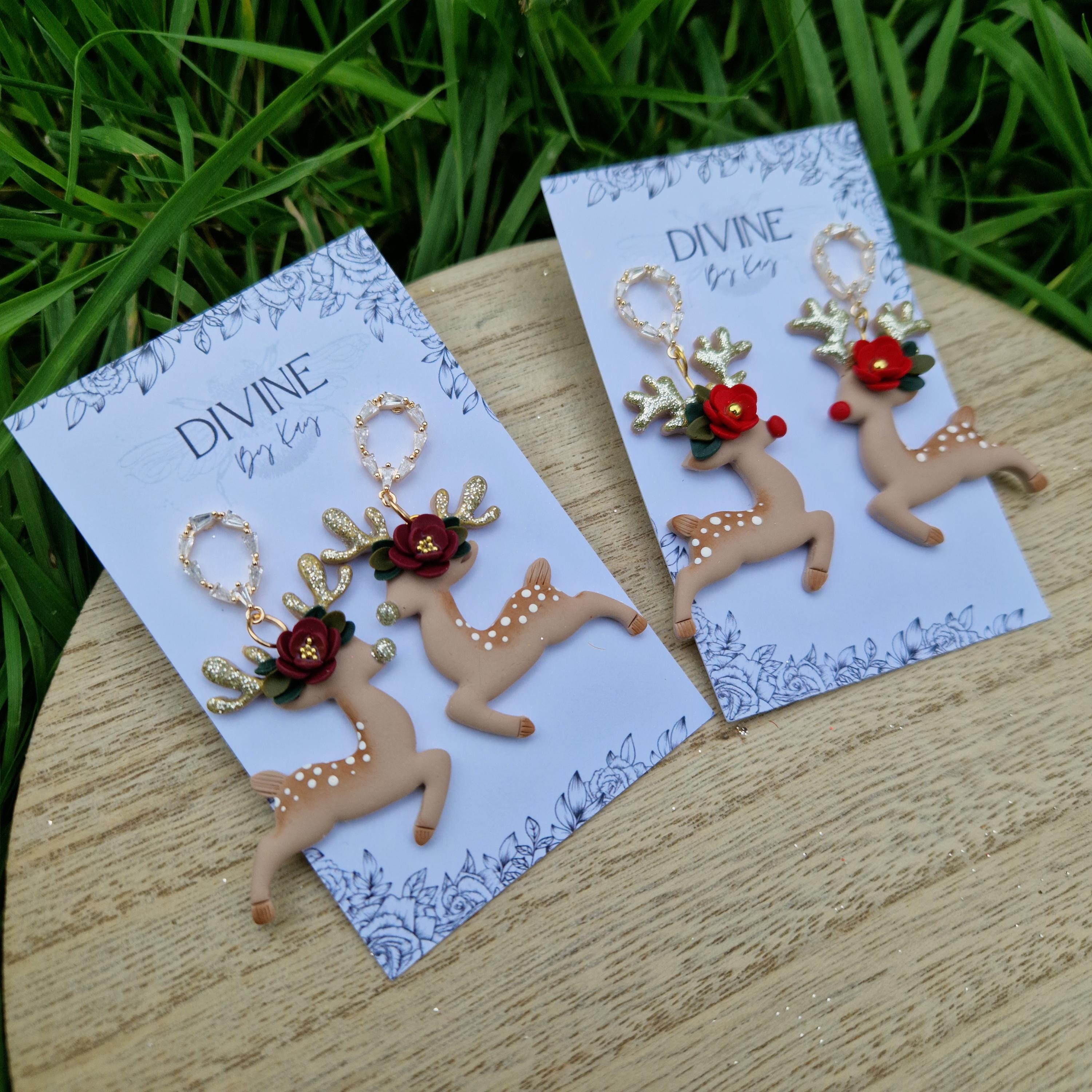 reindeer dangle earrings, Christmas earrings, polymer clay earrings, handmade jewellery,