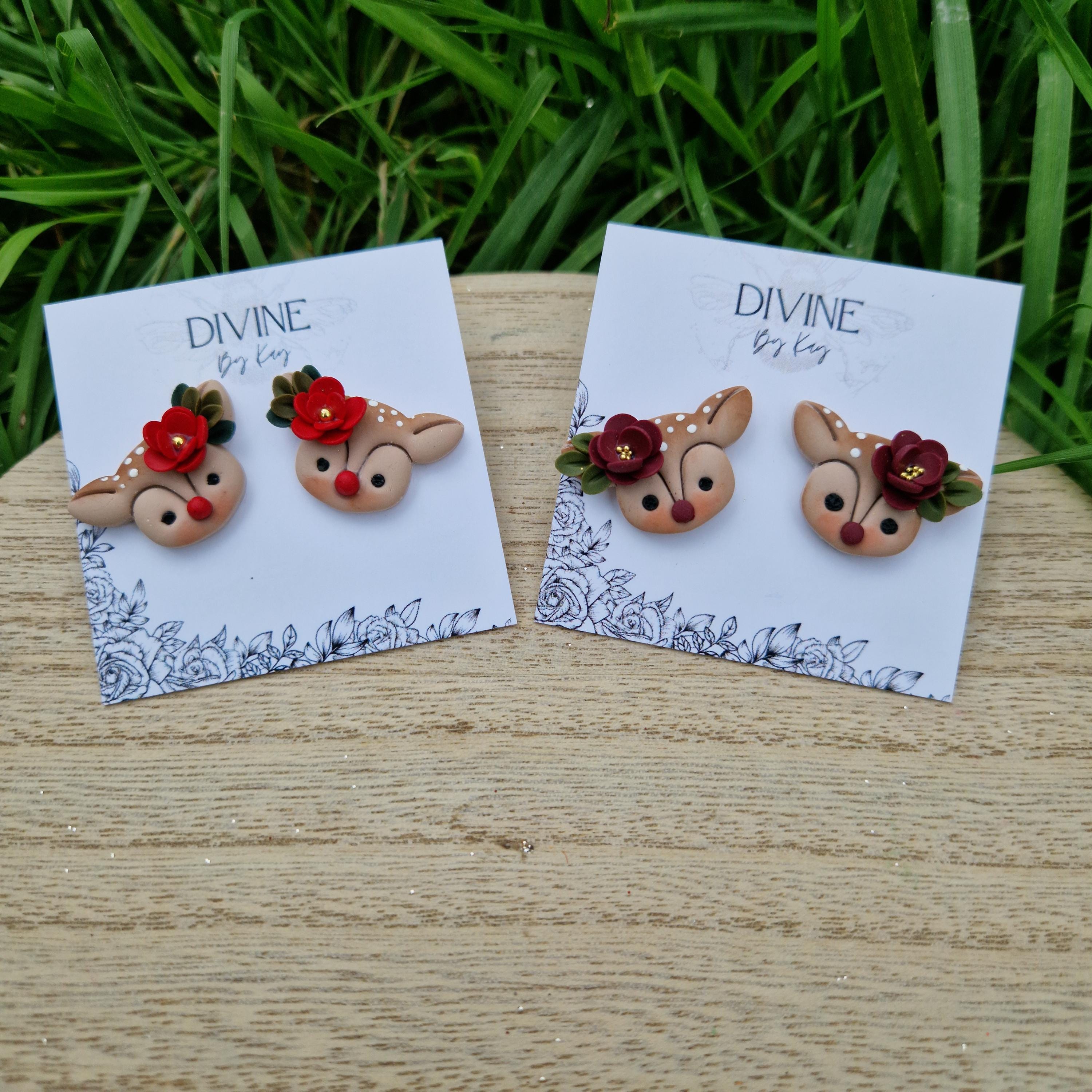 reindeer studs, dainty reindeer studs, polymer clay earrings, handmade jewellery,