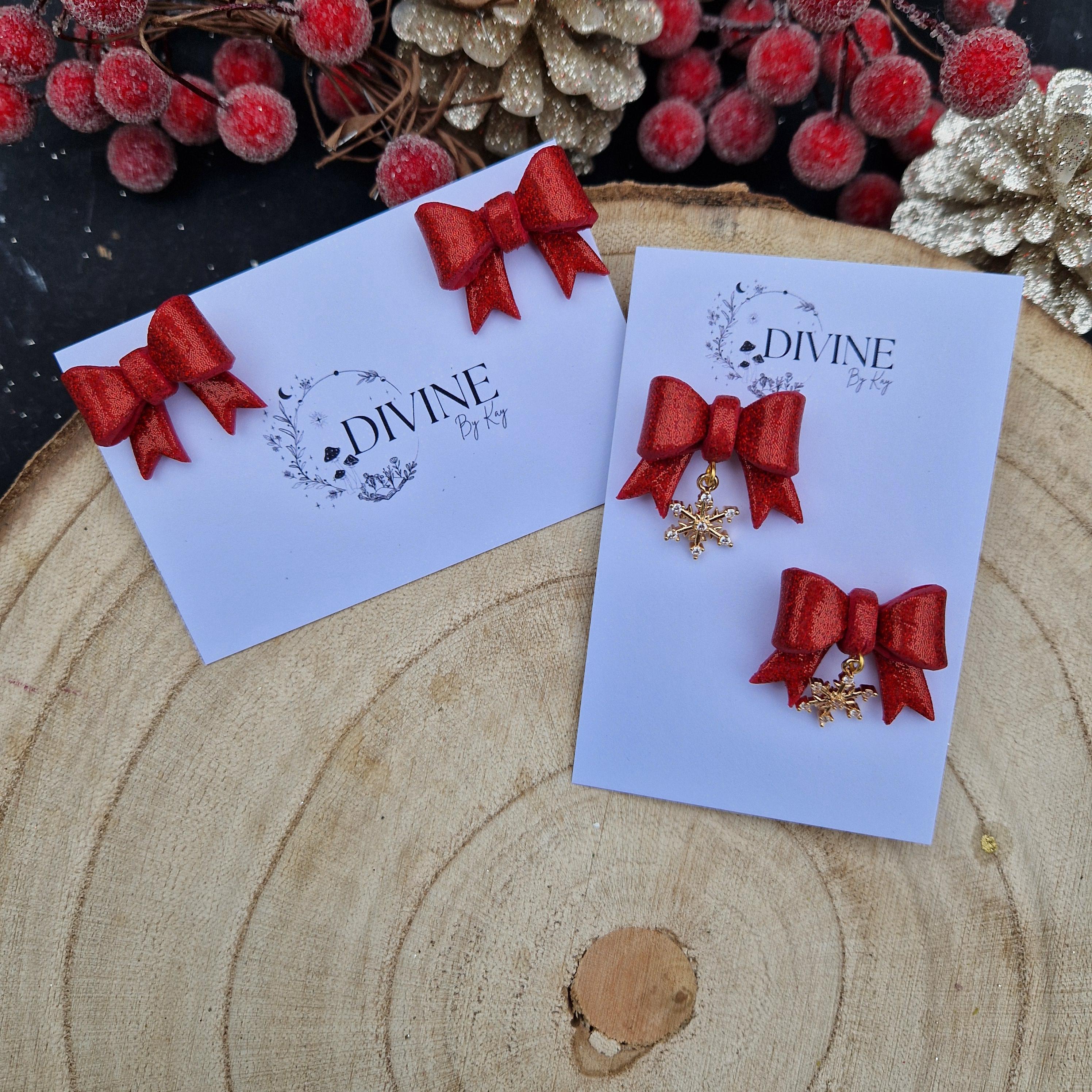 Christmas bow earrings, minimalist earrings, festive earrings, secret santa gift, dainty dangle studs