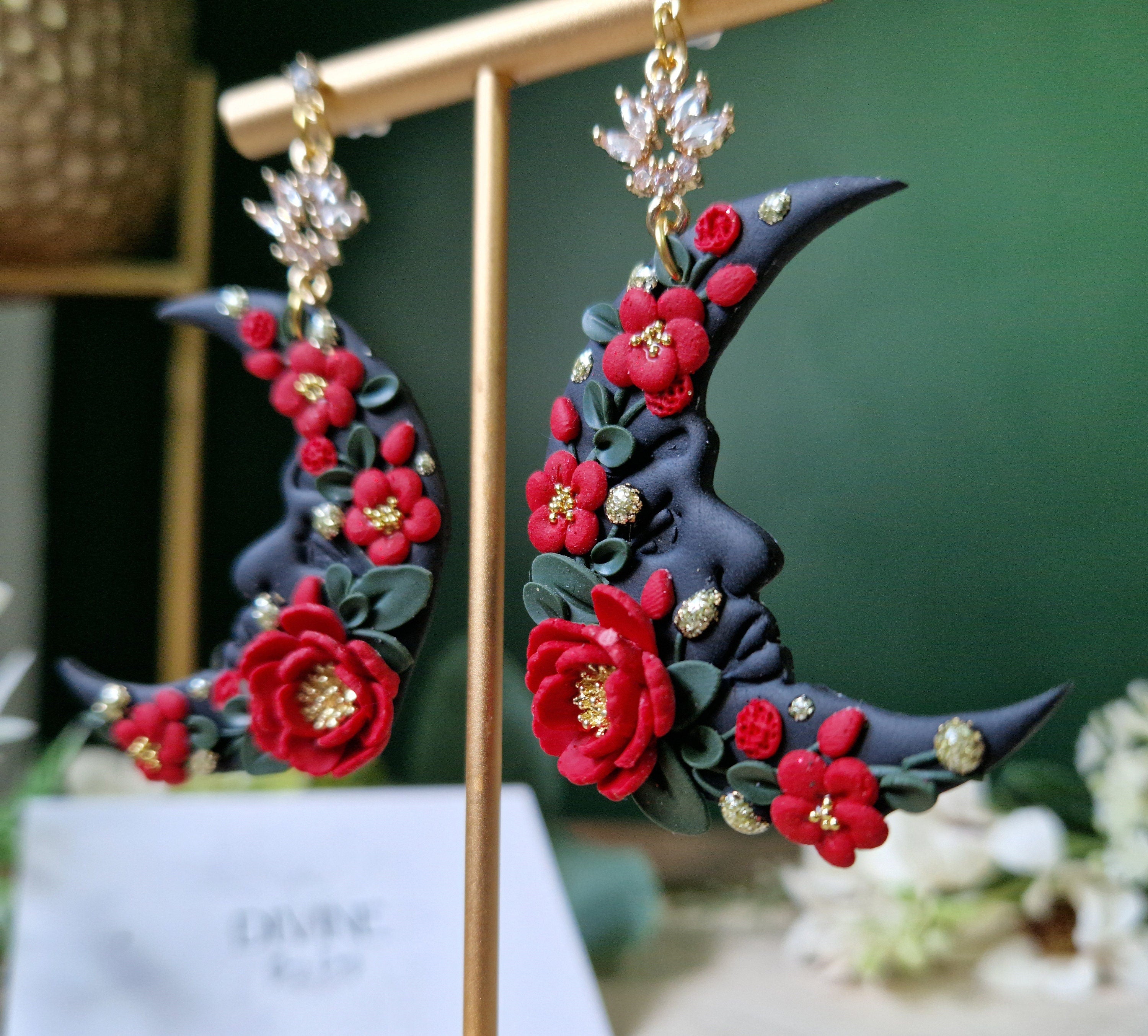 black & red floral moon earrings, celestial jewellery, gifts for her