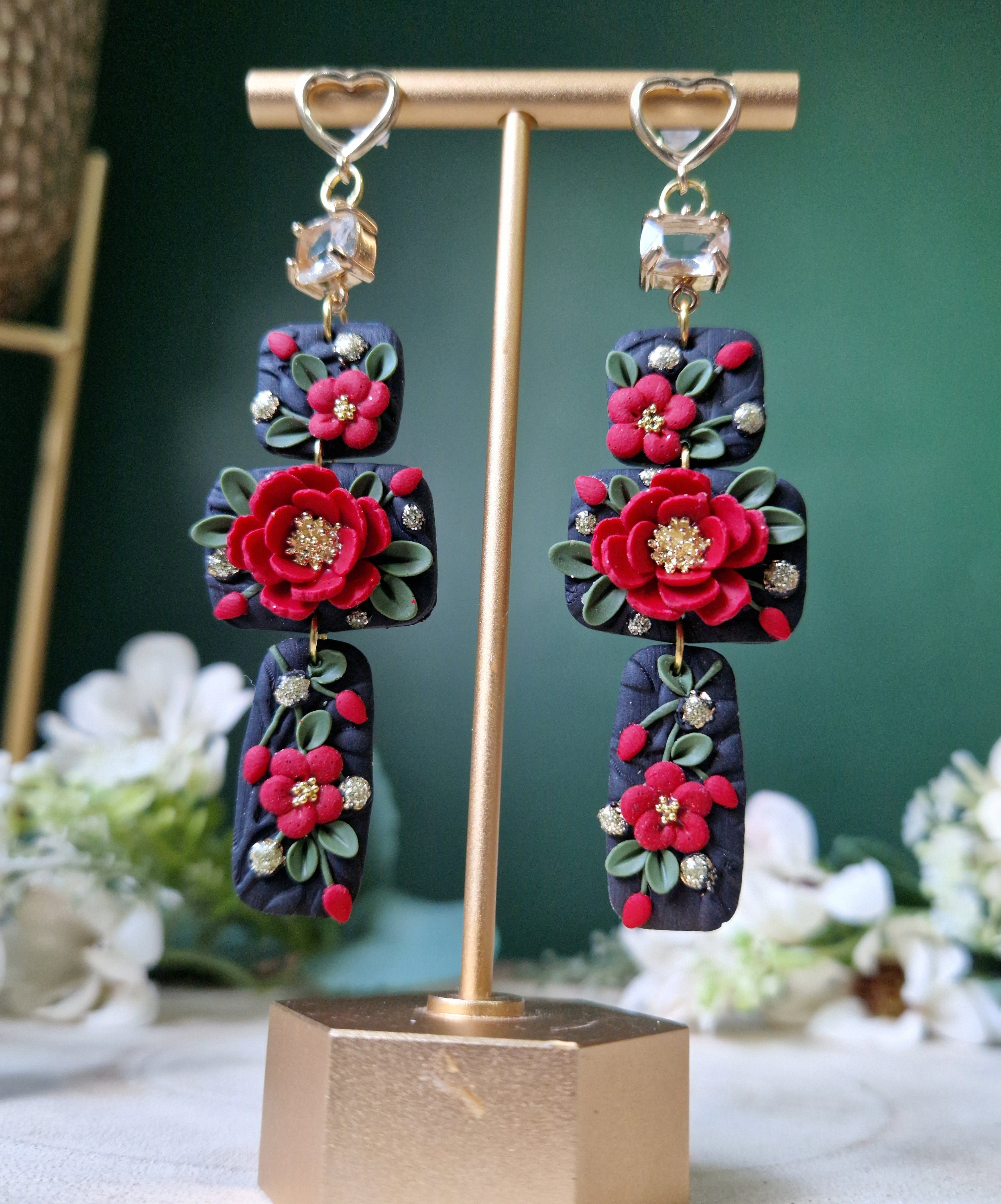 black & red floral  earrings, celestial jewellery, gifts for her