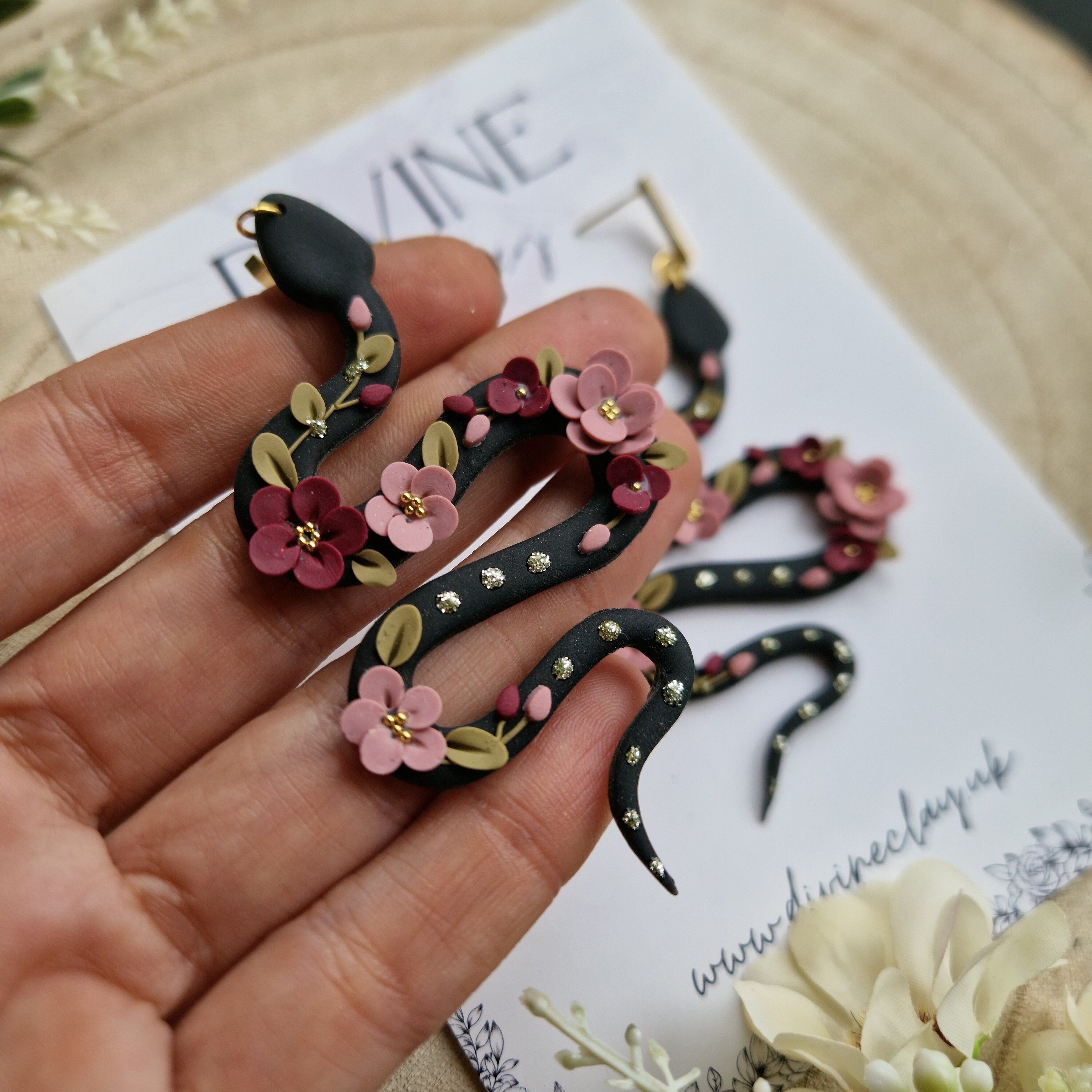 pink floral snake earrings - flower earrings - handmade clay earrings - gifts for her - birthday gift - mothers day - best friend gift