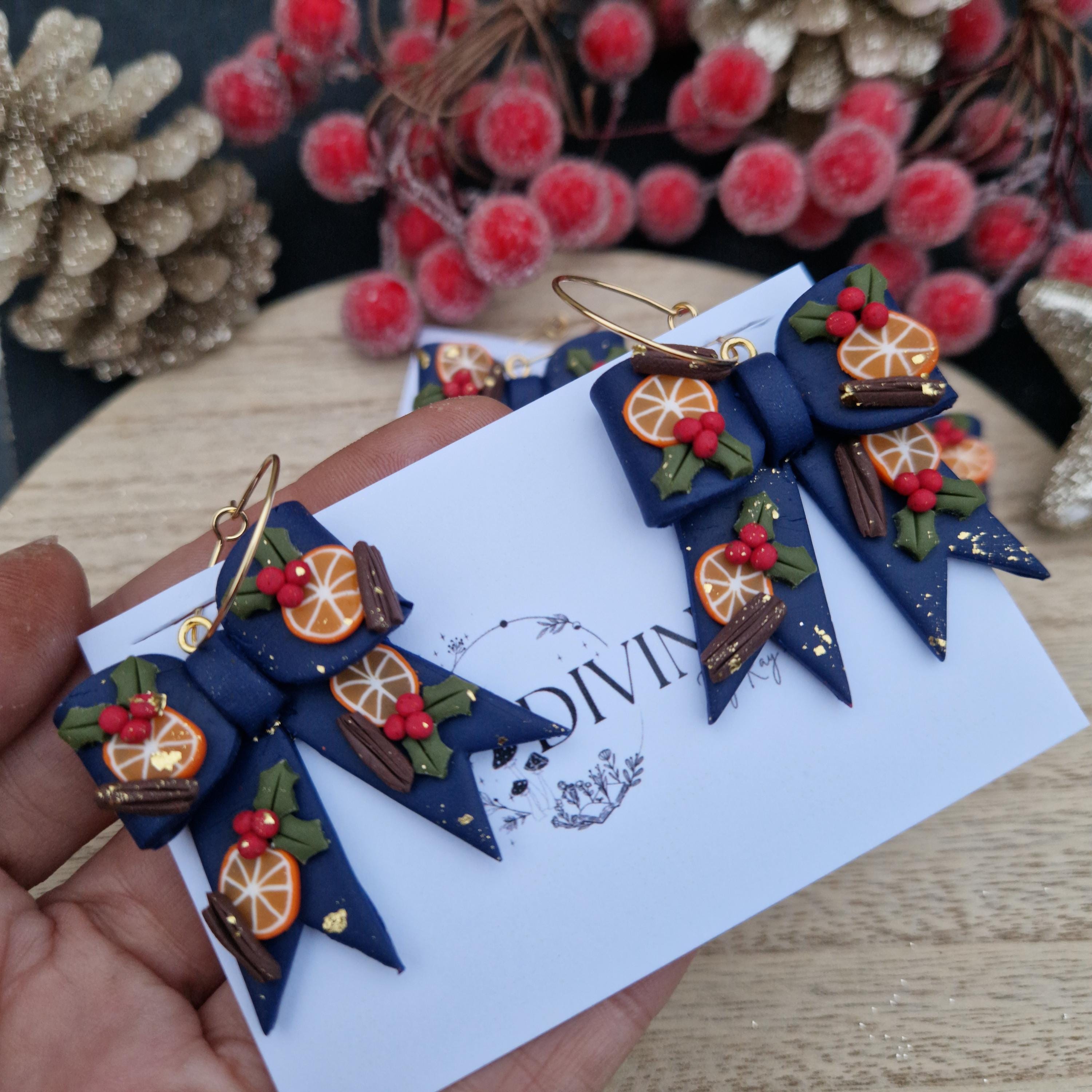 Christmas bow earrings, orange fruit earrings, minimalist earrings, festive earrings, secret santa gift, dainty dangles