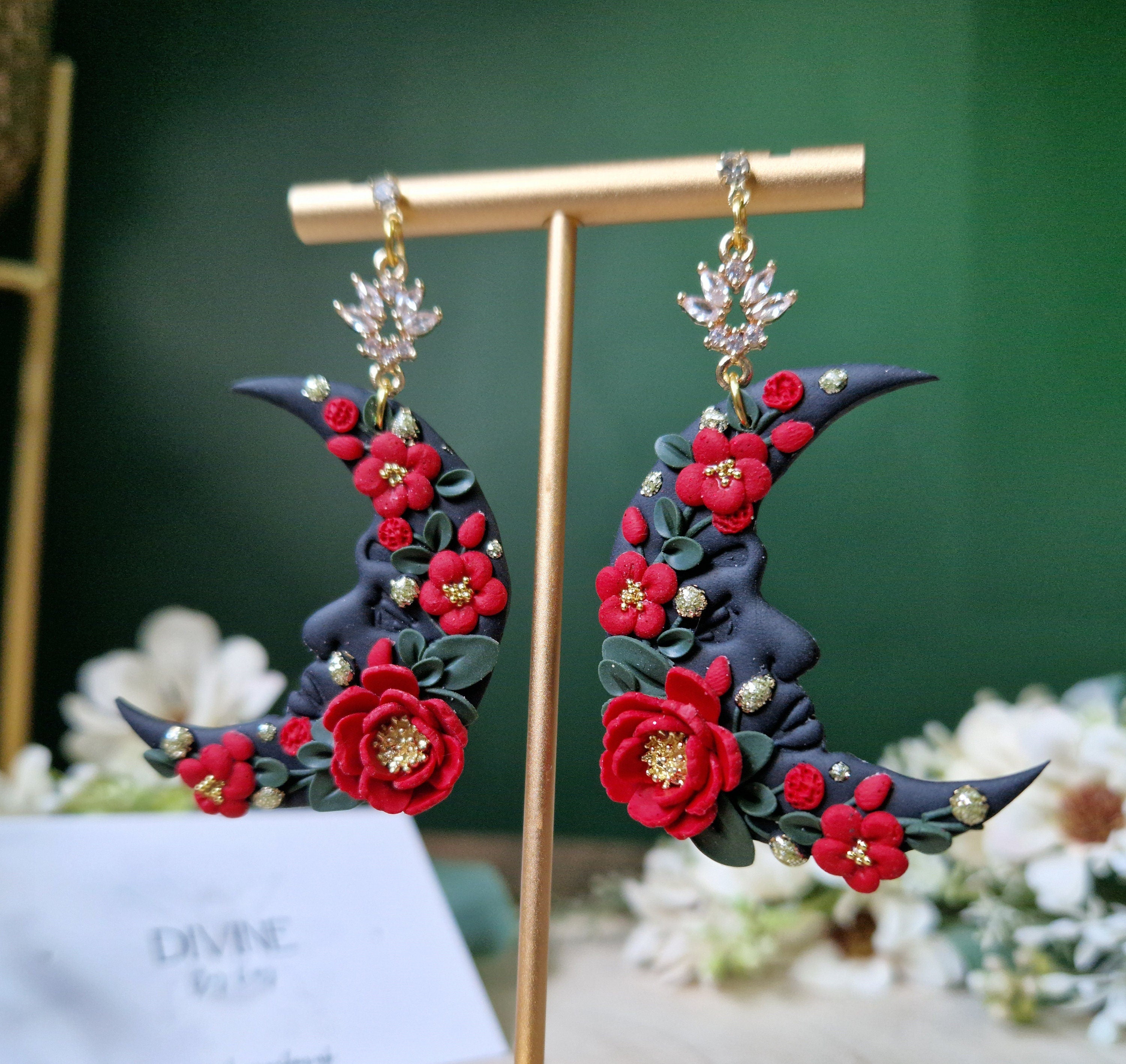black & red floral moon earrings, celestial jewellery, gifts for her