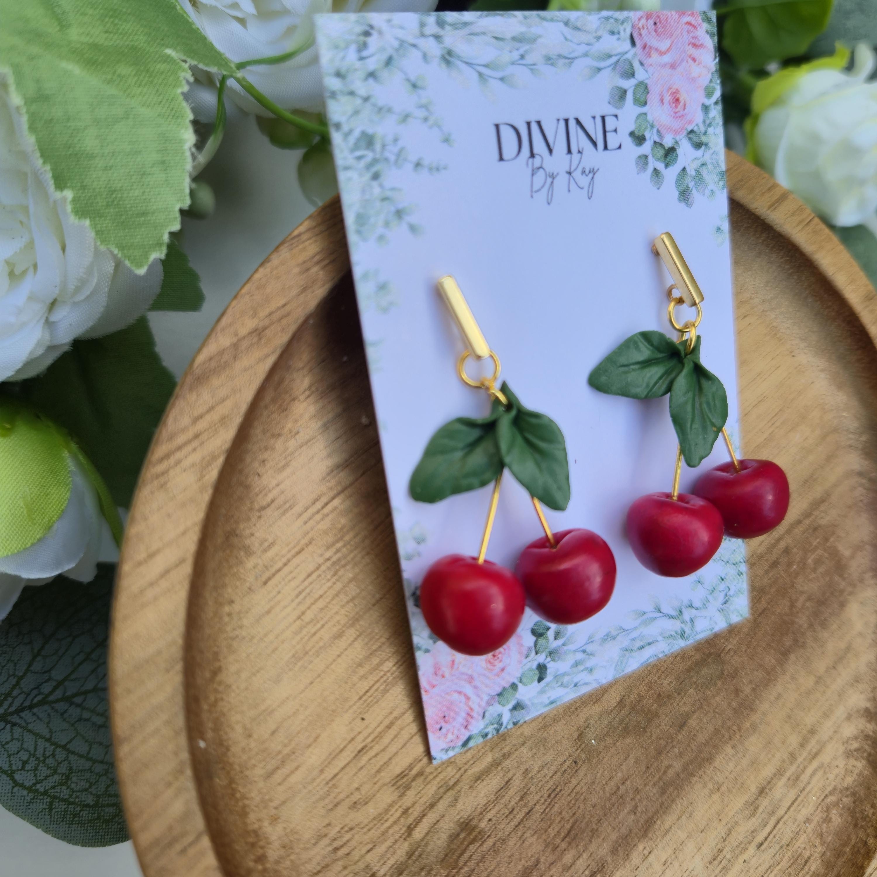 Cherry fruit  dangle earrings, minimalist earrings, festive earrings, secret santa gift, nature inspired gift, summer earrings for her