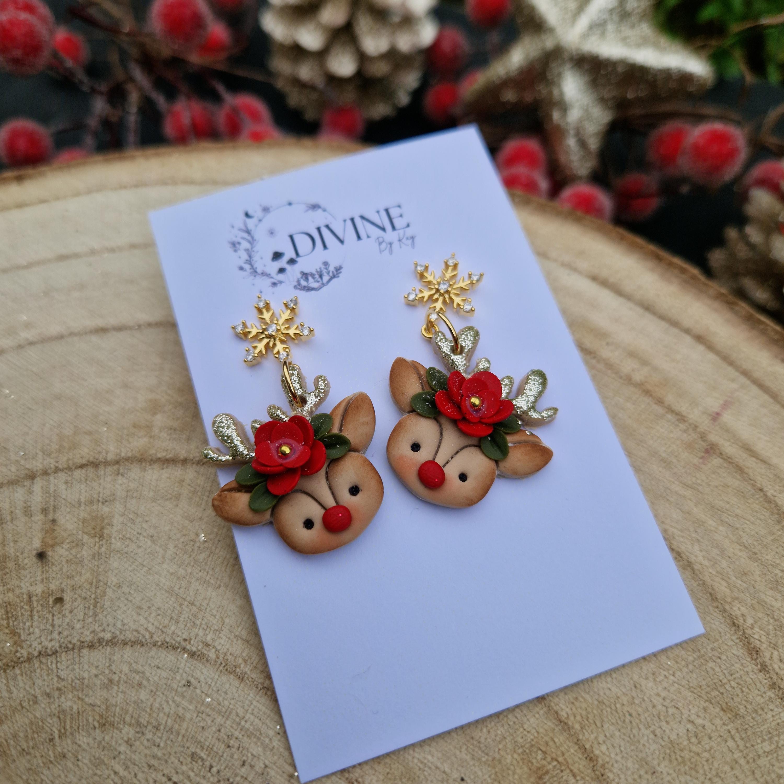 dainty reindeer dangle earrings, Christmas earrings, polymer clay earrings, handmade jewellery,