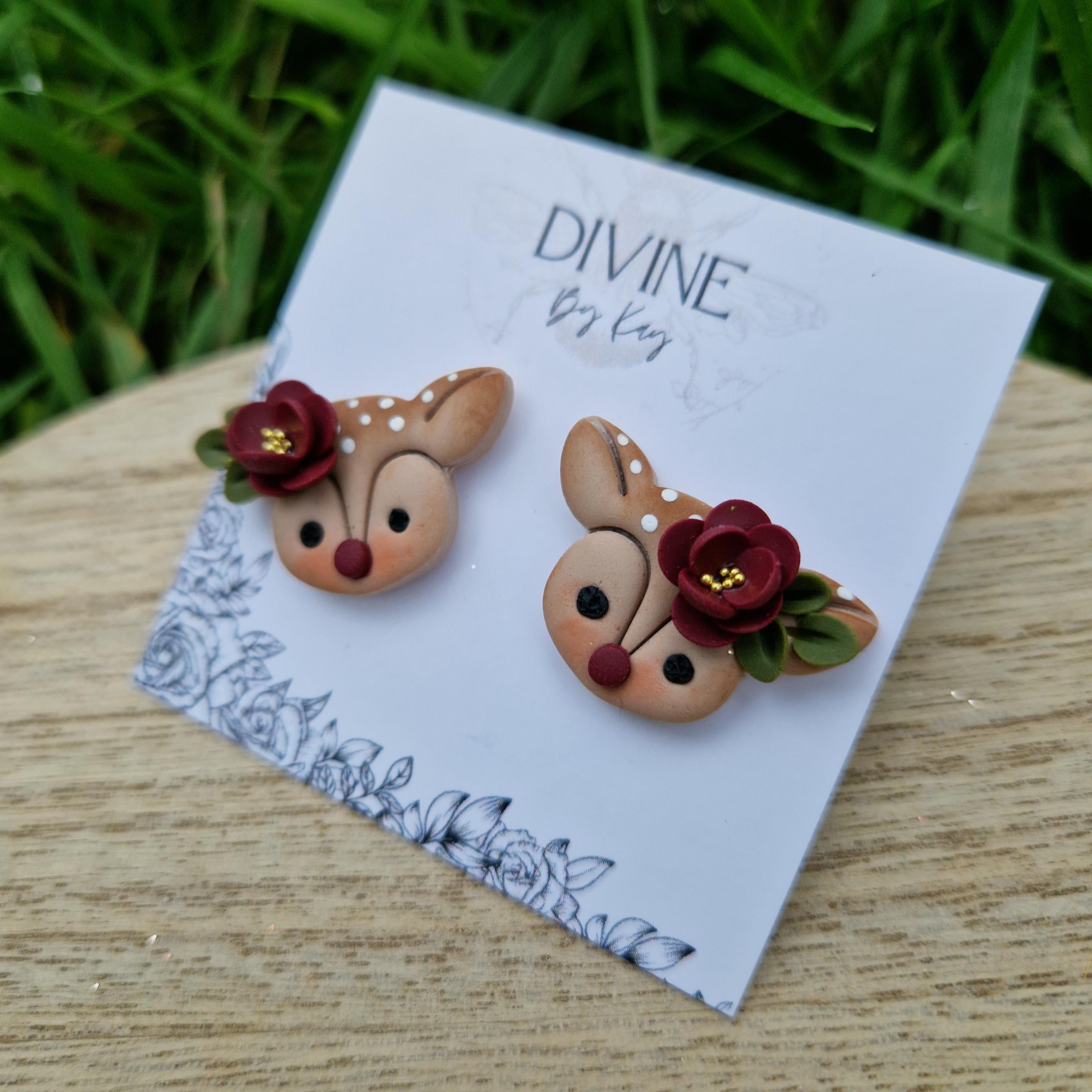 reindeer studs, dainty reindeer studs, polymer clay earrings, handmade jewellery,