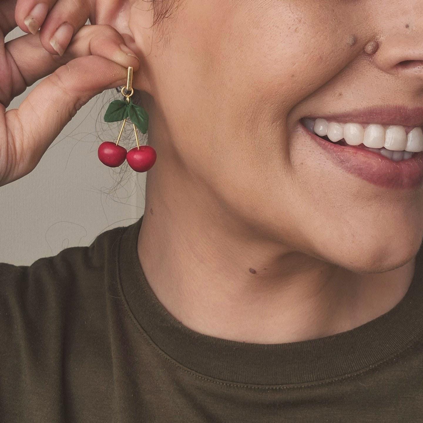 Cherry fruit  dangle earrings, minimalist earrings, festive earrings, secret santa gift, nature inspired gift, summer earrings for her