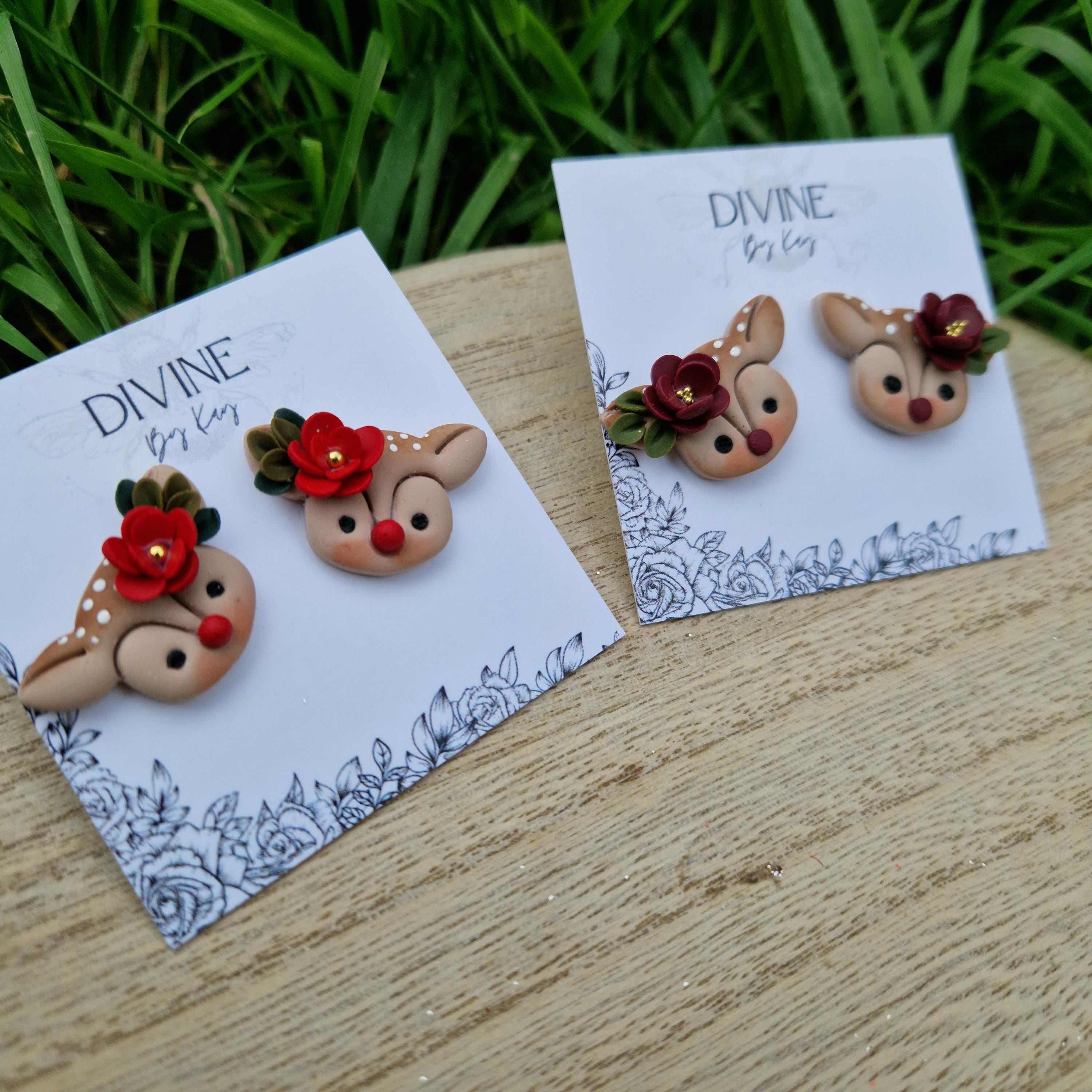 reindeer studs, dainty reindeer studs, polymer clay earrings, handmade jewellery,
