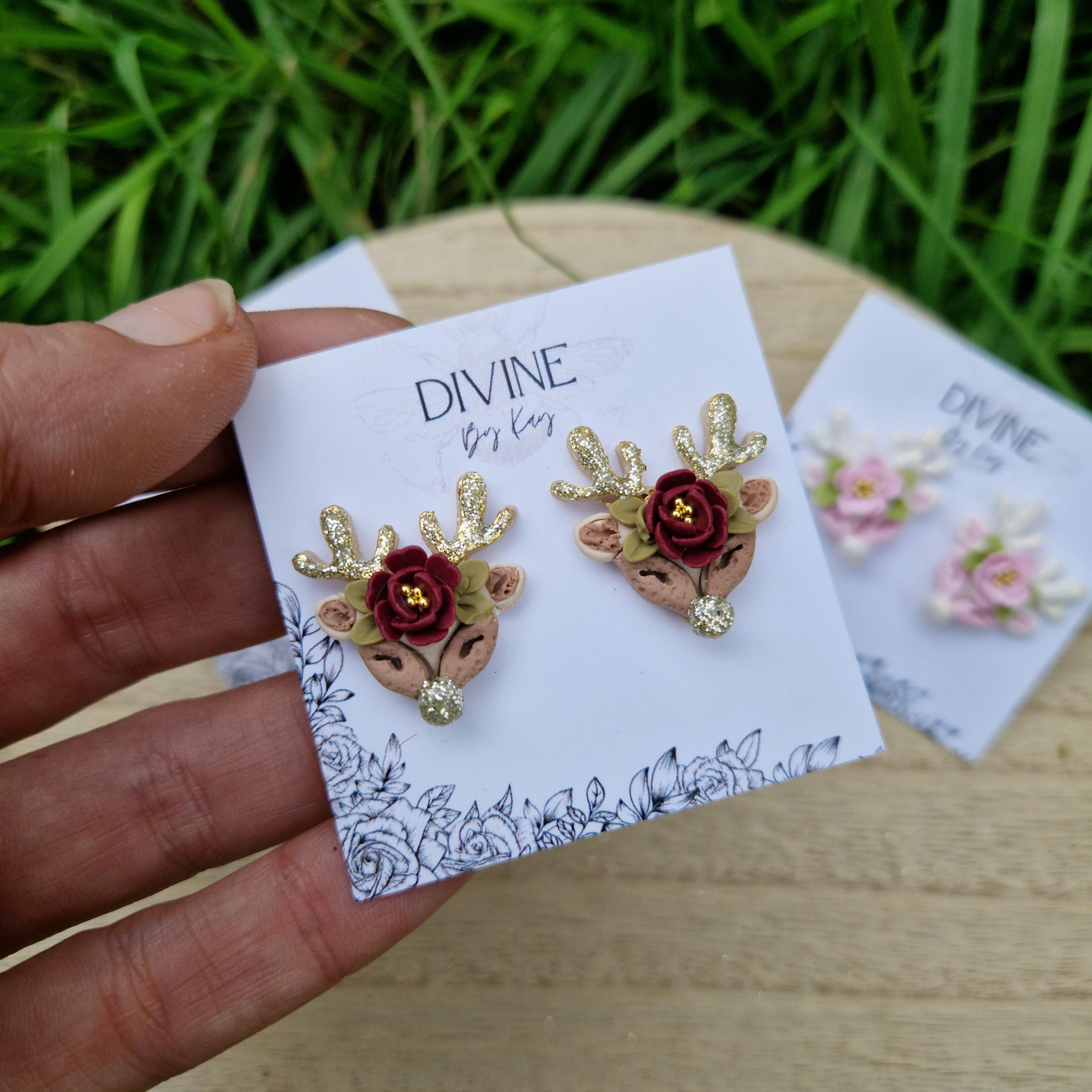 sterling silver reindeer earrings, dainty reindeer studs, polymer clay earrings, handmade jewellery,
