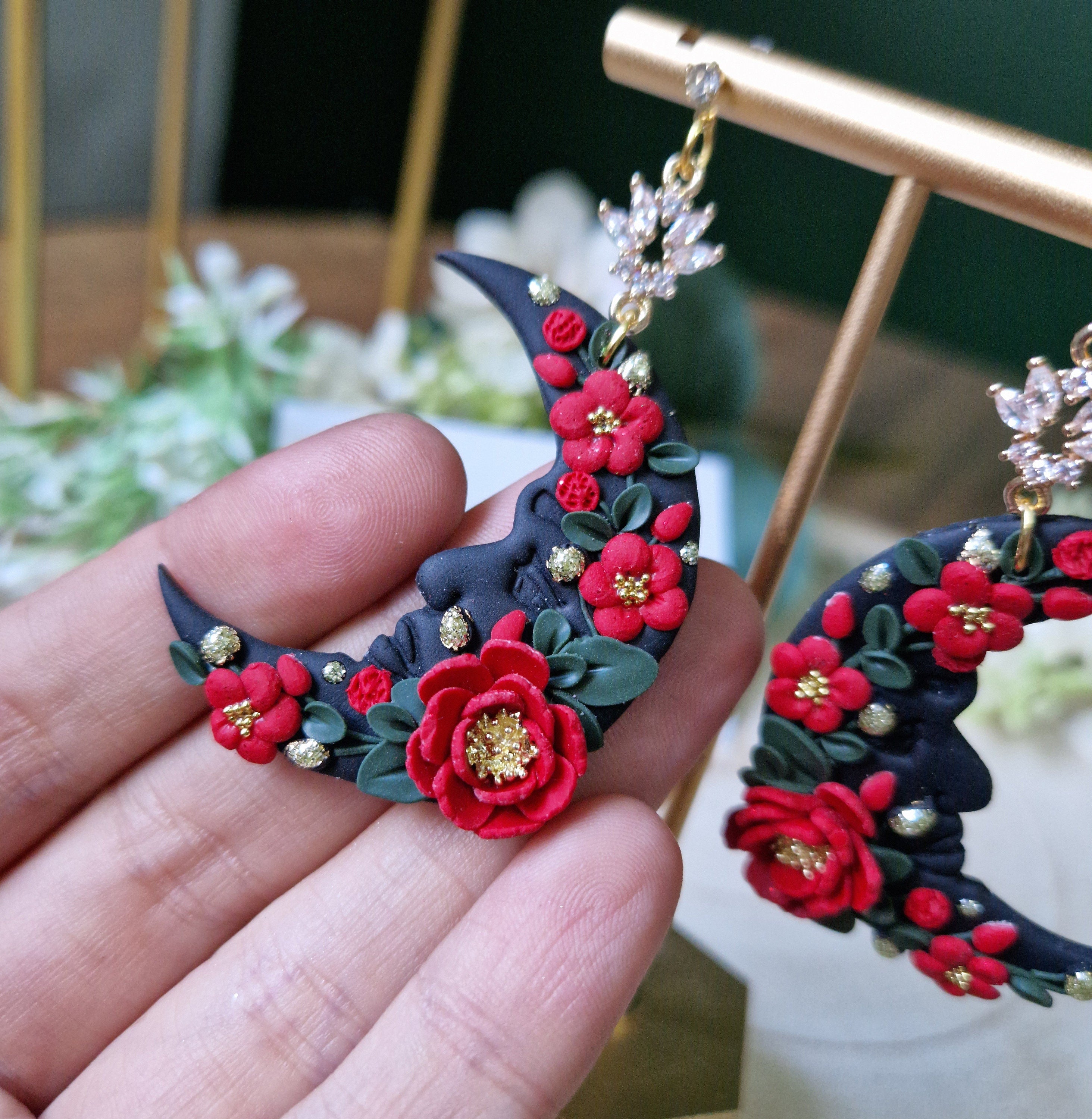 black & red floral moon earrings, celestial jewellery, gifts for her